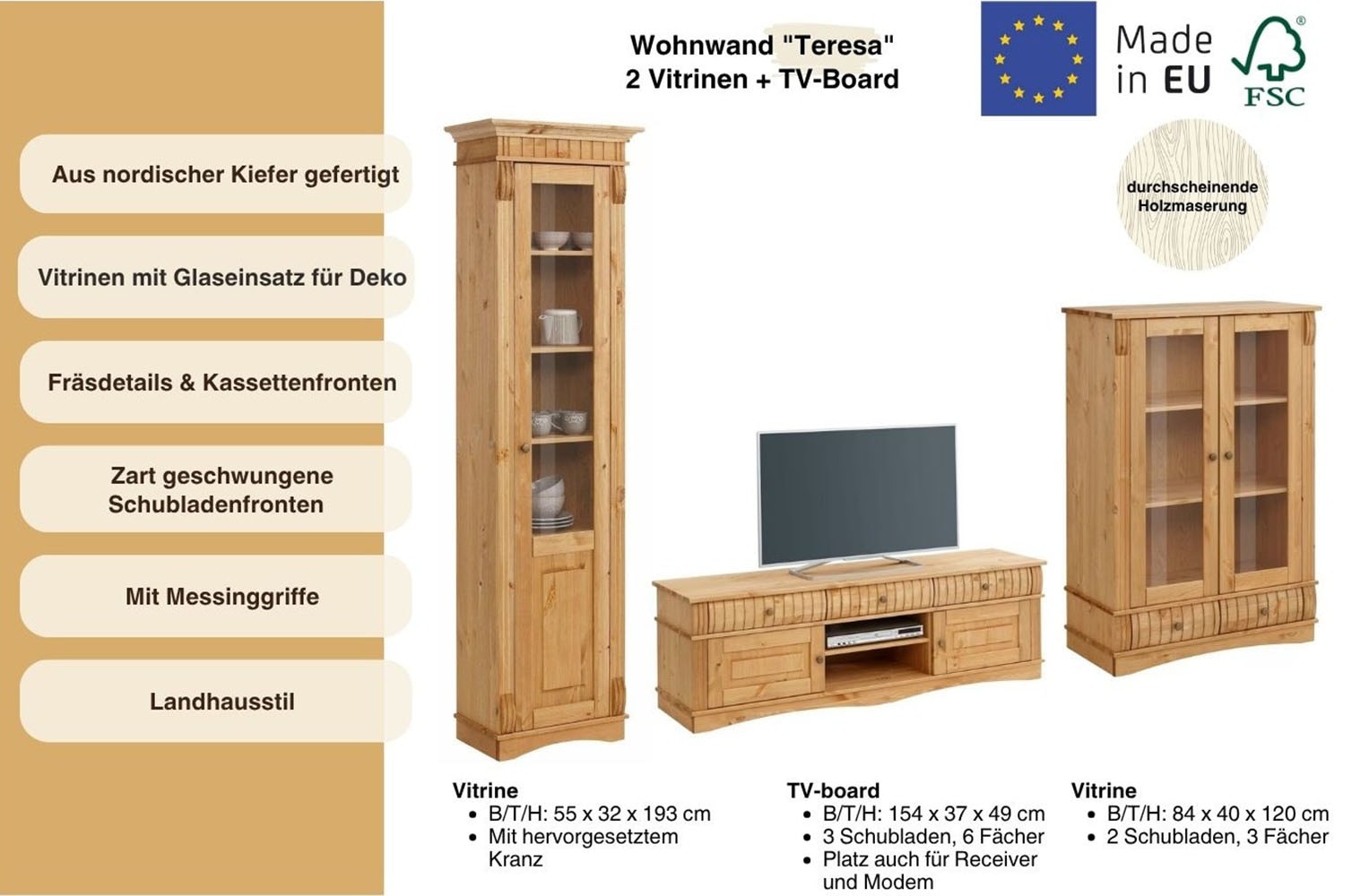 Home affaire Wohnwand »Teresa«, (Set, 3 St.), bestehend aus 1 Vitrine klein, 1 Vitrine gross, 1 Lowboard