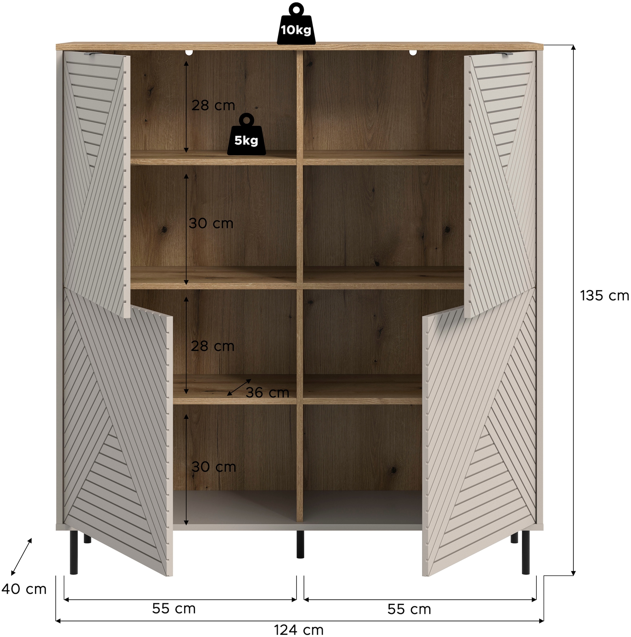 Home affaire Highboard »RAITA, Höhe 135 cm, Front mit Desgin-Fräsung, 4 Türen, viel Stauraum« moderne Farbkombi, individuell einsetzbar, Griffe & Füsse aus Metall,  Kommode, Anrichte, Schrank, Sideboard, Lowboard