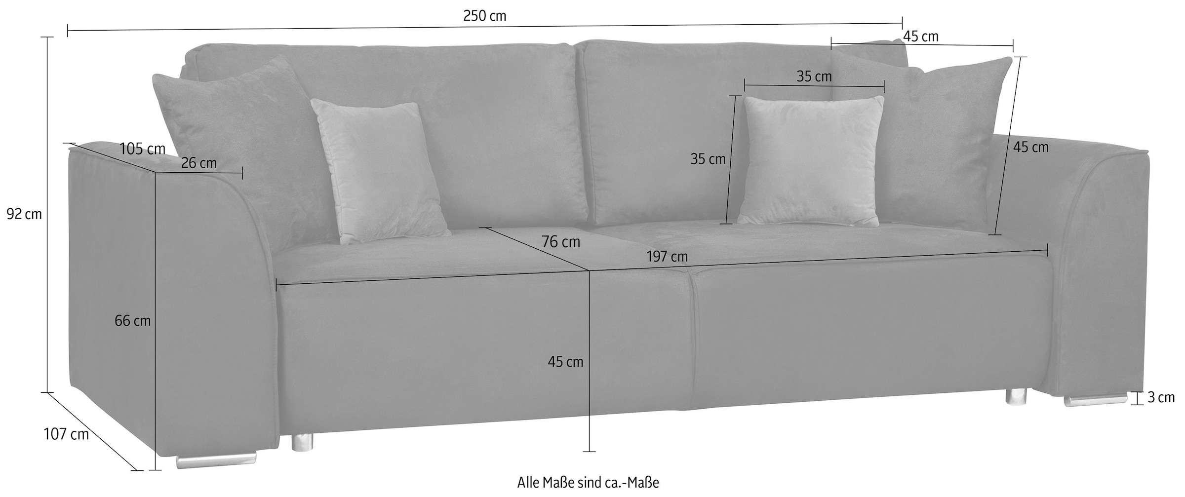 INOSIGN 3-Sitzer Beatrice Schlafsofa, wahlweise auch mit Bettfunktion und Bettkasten, incl. 2 Zierkissen