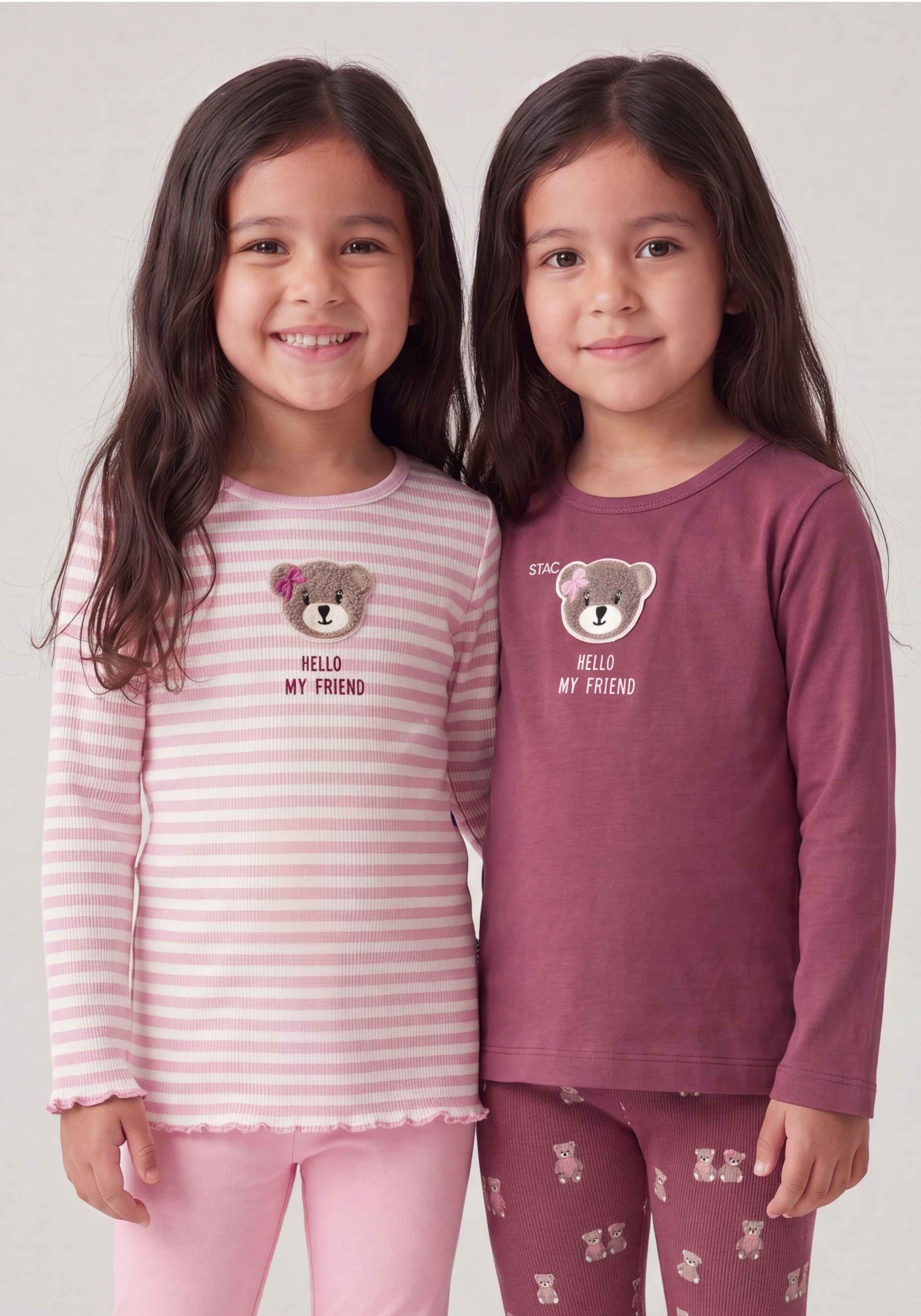 Image of STACCATO Langarmshirt 2 2er Pack / gestreift-unifarben / Bärchen-Aufnäher / für Girls