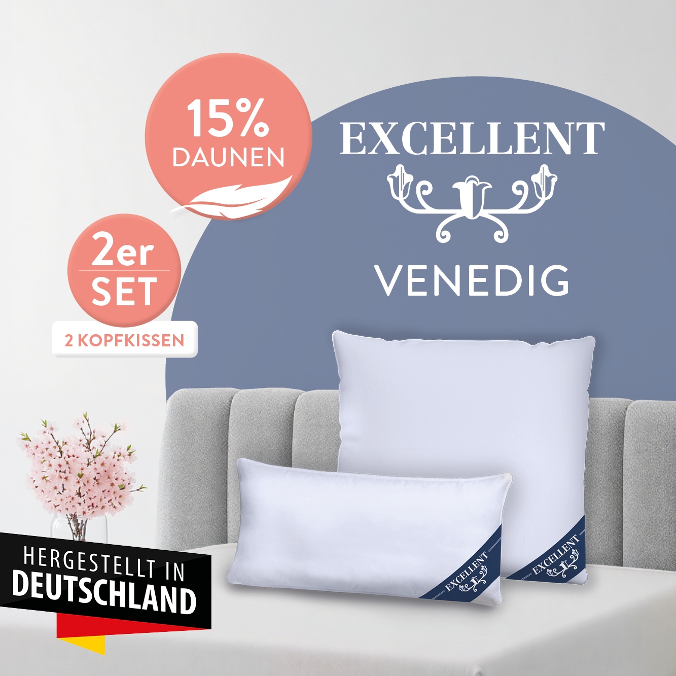 Image of Excellent Kopfkissen "Venedig, Kuschel- oder Kopfkissen 1-tlg. oder 2 -tlg., Daunen & Federn" Füllung: 85% Federn / 15% Daunen 2 Kopfkissen, 2 Stk. tlg. Deko- oder Kopfkissen in vielen Grössen