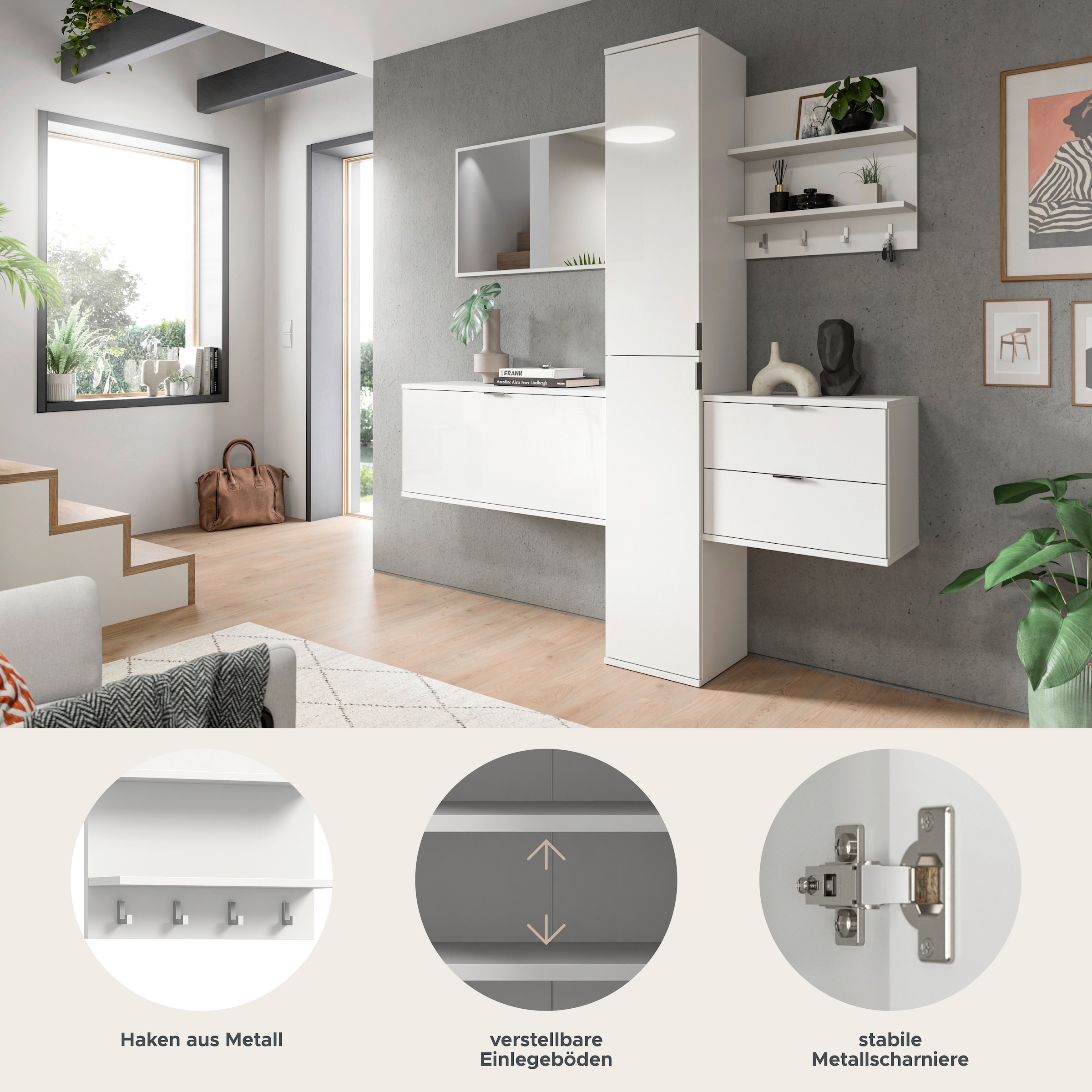 INOSIGN Garderoben-Set »Trondheim Garderobenset 5-tlg., Breite 174 cm«, (5 St.), hochglanz, best. aus: Spiegel, Paneel, Schrank, Kommoden, Flur, Diele