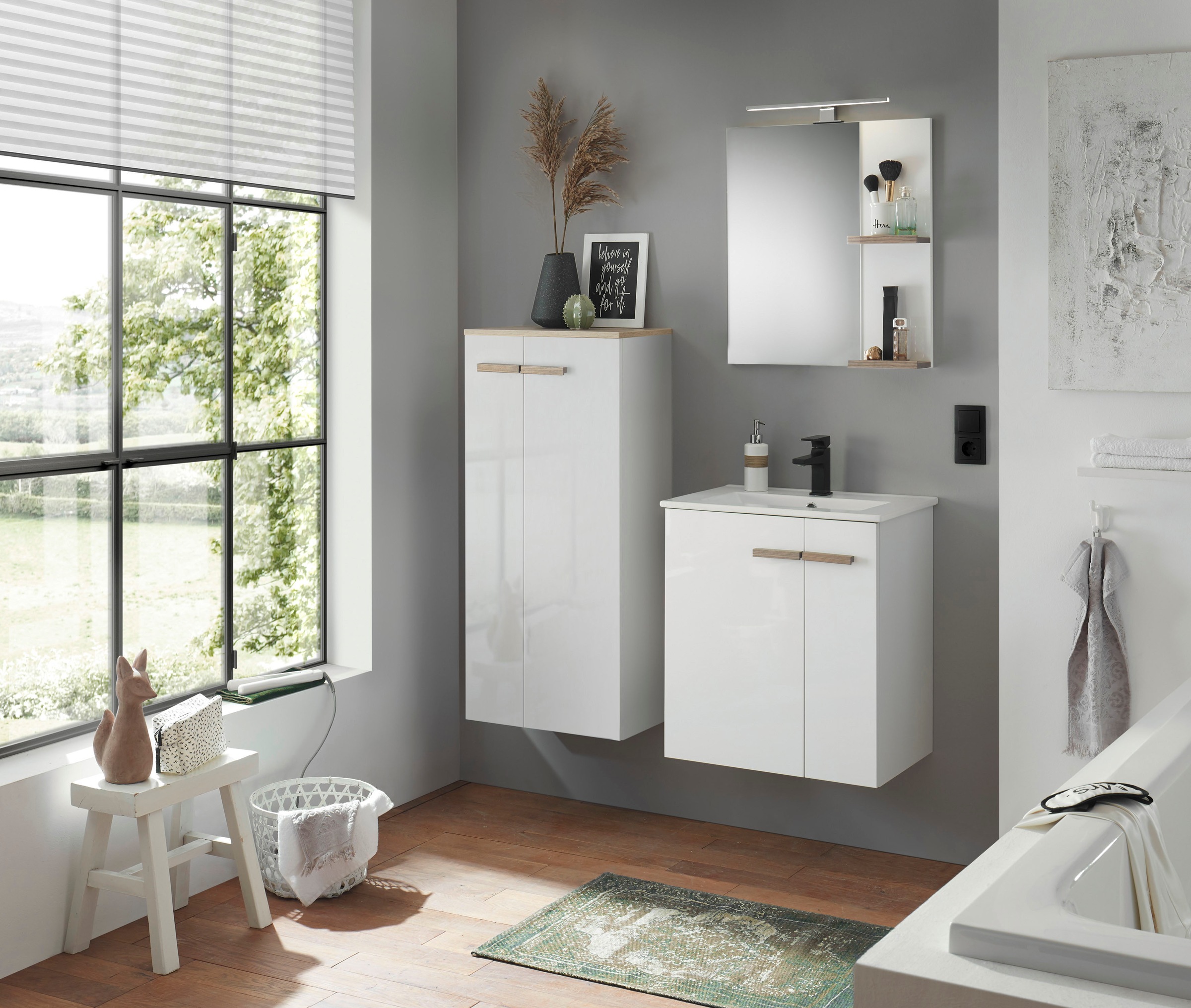 PLACES OF STYLE Waschtisch »SOLiD, Unterschrank inkl. Waschbecken, Badschrank mit Holzgriffe« in zwei Farben verfügbar, inkl. Waschbecken, Breite 60 cm