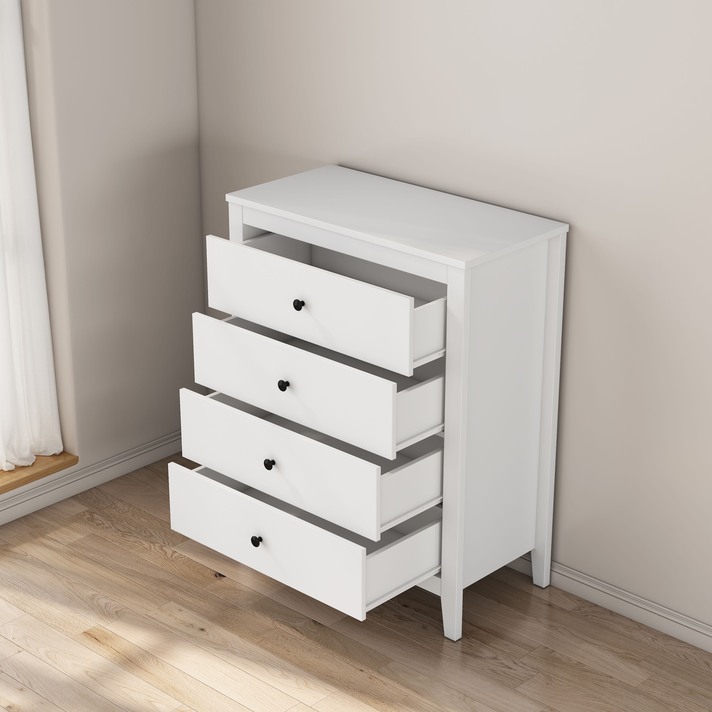 GOODproduct Commode à tiroirs »Borkum Sideboard mit 4 Schubladen Bestseller Landhaus weiss« hochwertige schwarze Griffe aus Metall, 