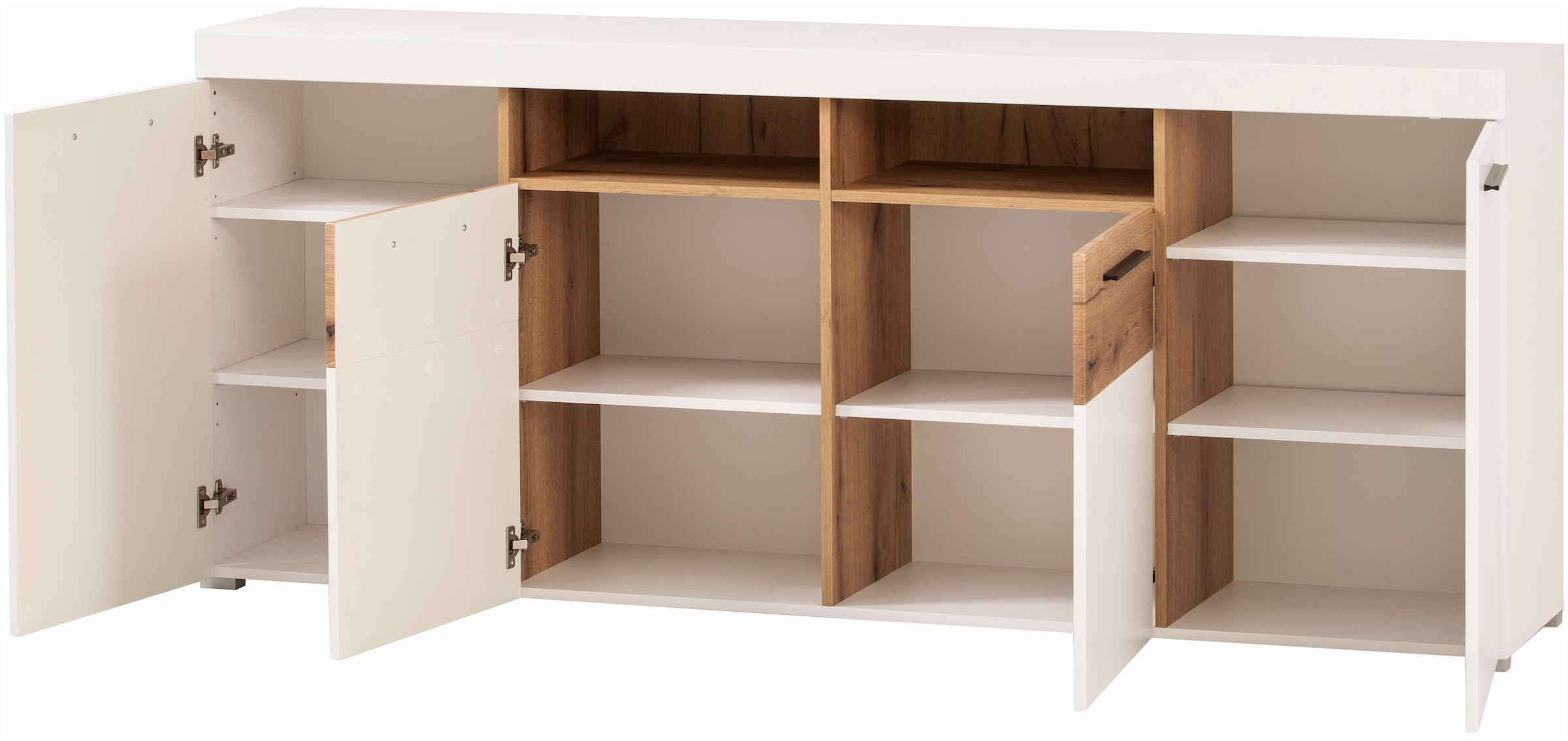 INOSIGN Sideboard »Salerno, moderner Schrank, Highboard in Weiss mit Eiche Evoke Dekor«, Metallgriffe, ausreichend Stauraum, vielseitig einsetzbar, 205cm breit