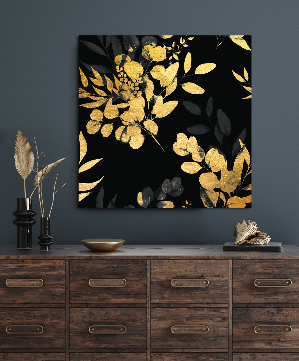 Image of GOODproduct Acrylglasbild "Eukalyptus - Acrylbilder mit Blattgold veredelt" Blumen Blumenbilder Blätter Gemälde Kunst 1 Stk. tlg. Goldveredelung, Handgearbeitet, Gerahmt, Edel