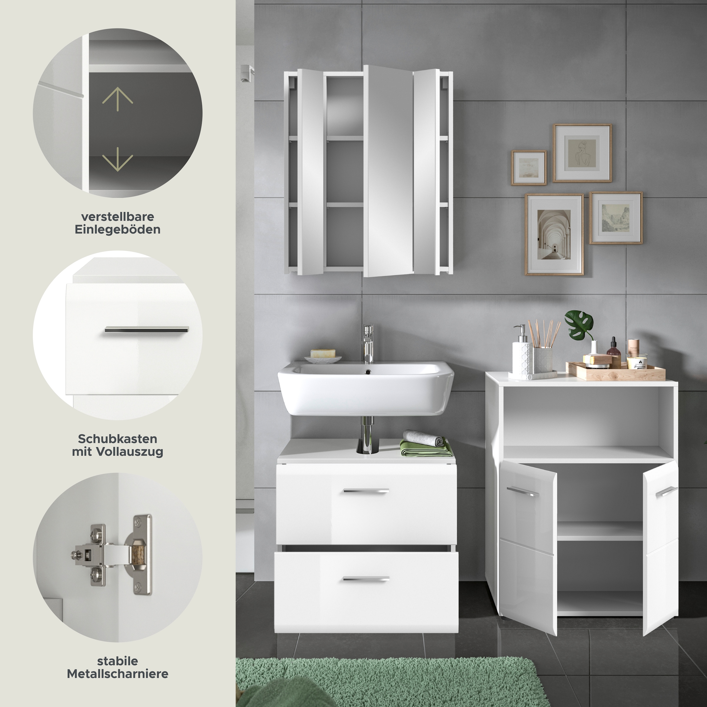 INOSIGN Badmöbel-Set »FLORENZ, TOPSELLER!, 3-teilige Badkombination, hochwertige MDF-Front« Set, best. aus: Waschbeckenunterschrank, Spiegelschrank, Midischrank breit, 