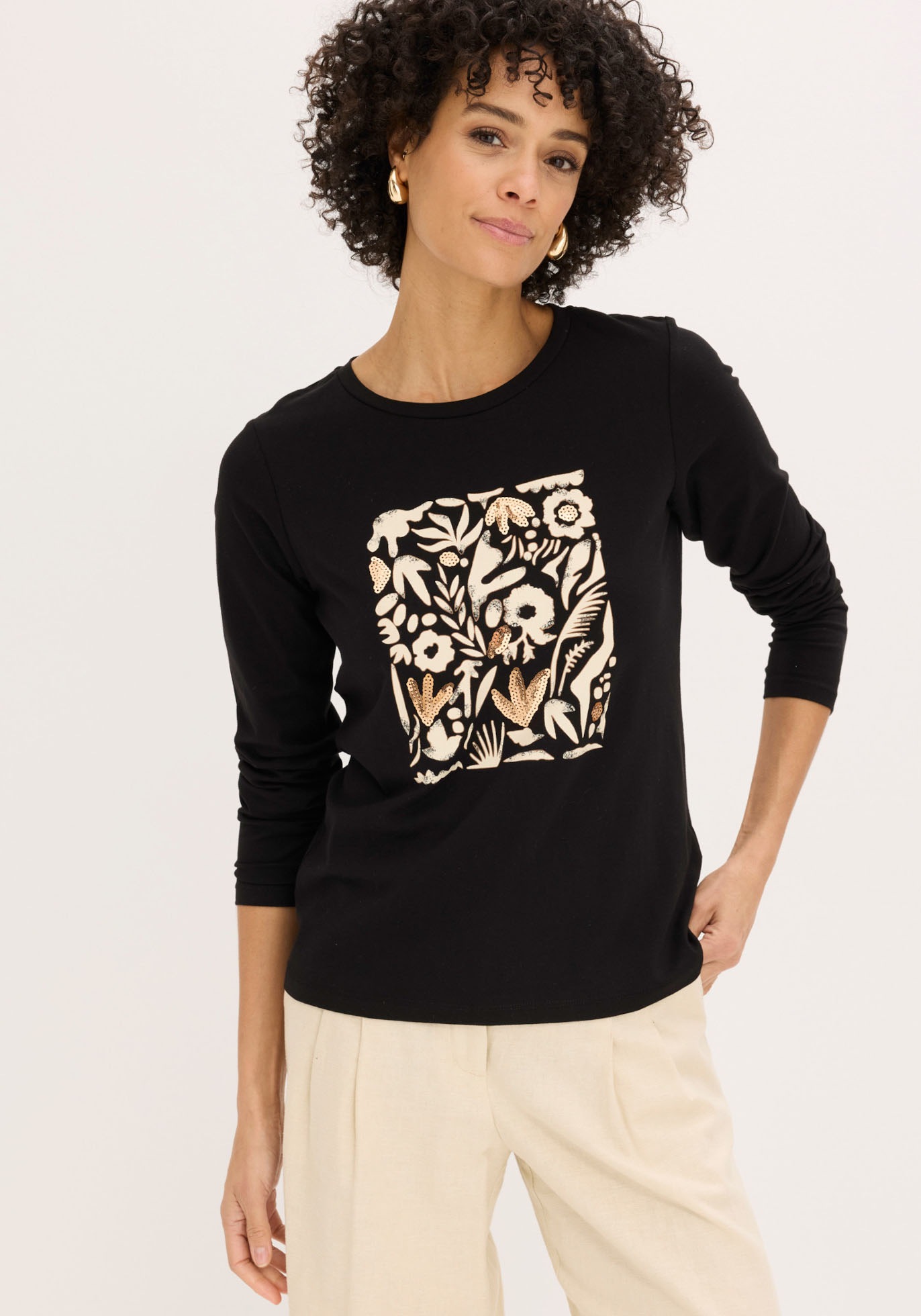 Image of bonprix Langarmshirt Slim fit, Langarm, Druck mit Pailletten, für Frühling und Sommer