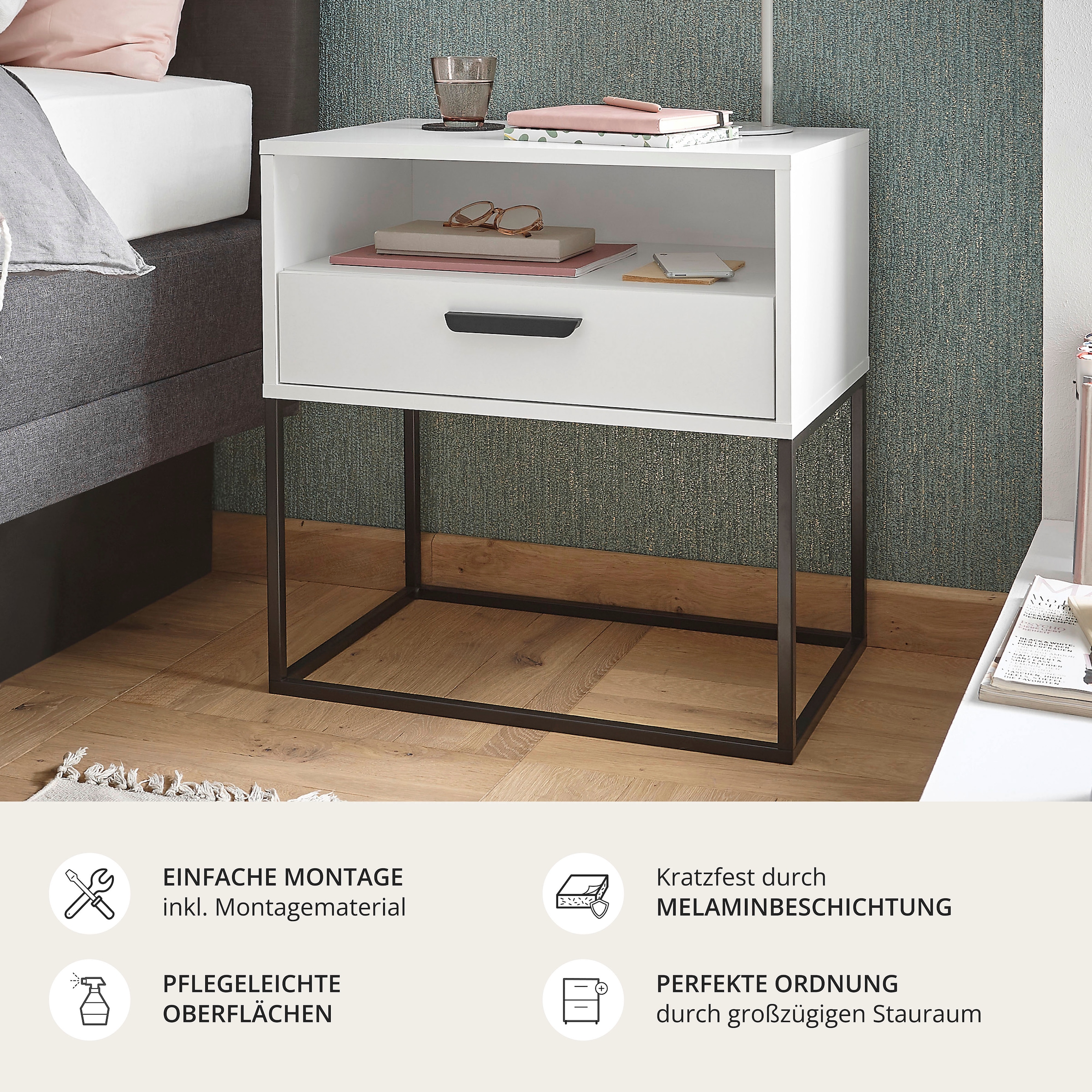 Schlafkontor Table de nuit »Cudro Nachttisch auf Fussgestell« mit einem offenen Fach für schnellen Zugriff