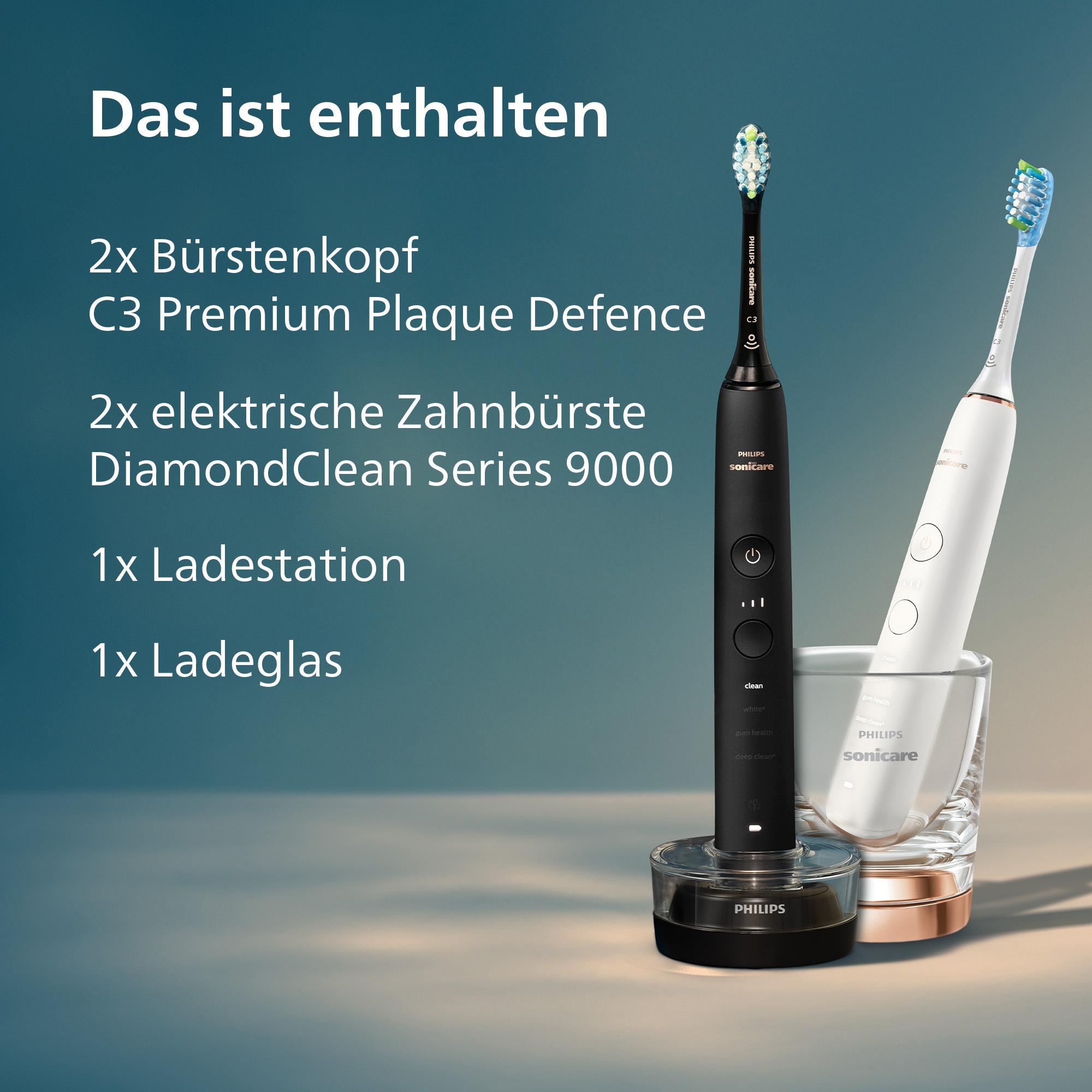 Philips Sonicare Brosse à dents électrique »DiamondClean 9000 HX9914« 2 cuis Aufsteckbürsten DiamondClean Premium Schallzahnbürste, Doppelpack inkl. Ladeglas