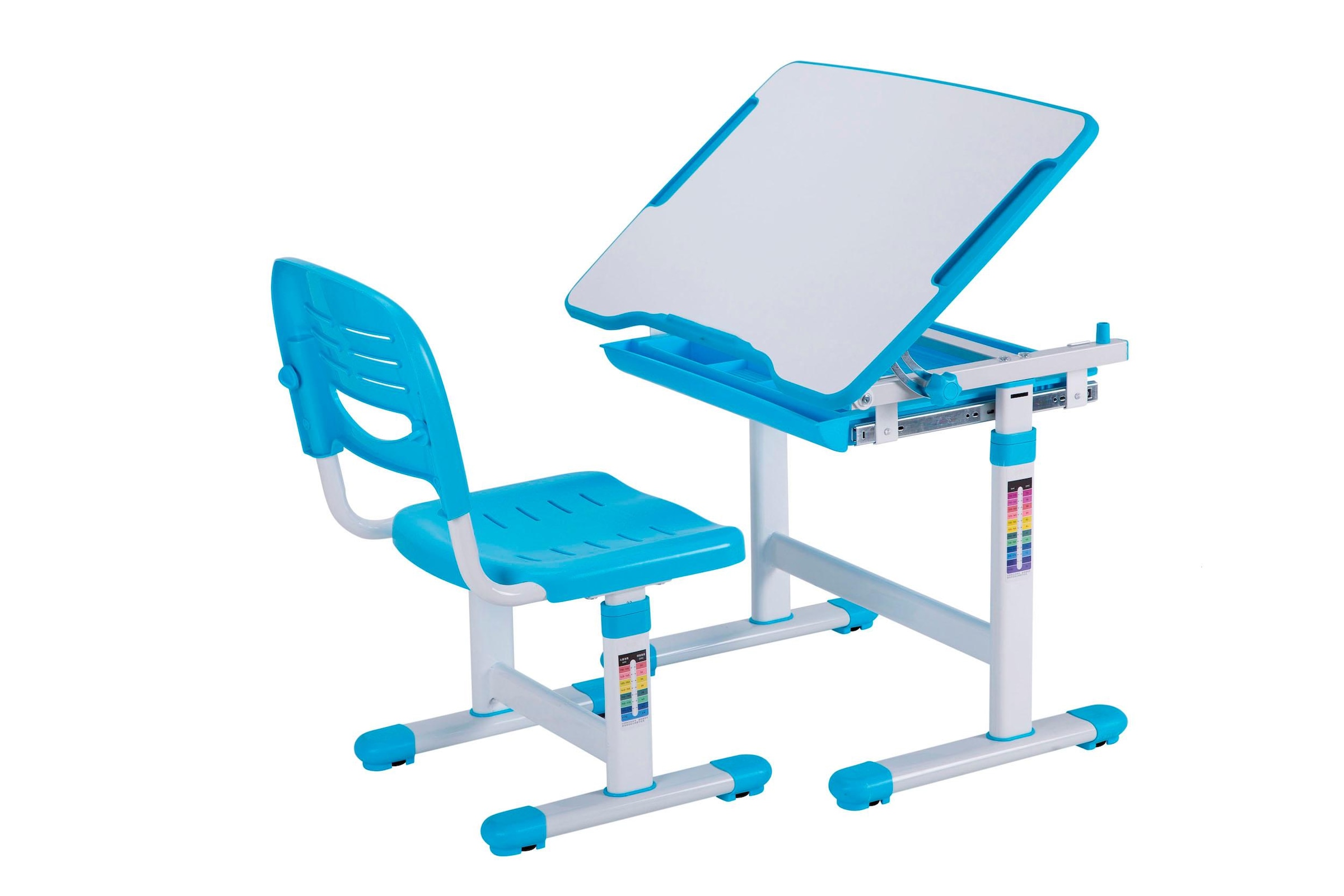 Vipack Kinderschreibtisch »Comfortline, mit Höhenverstellung inkl. Taschen- u. Becherhalter«, (Set, B/H/T ca. 70x54-76x47,4cm, verschiedene Farben, mit Griffelschublade), inkl. Stuhl und verstellbarer Schreibplatte, praktische Funktionen
