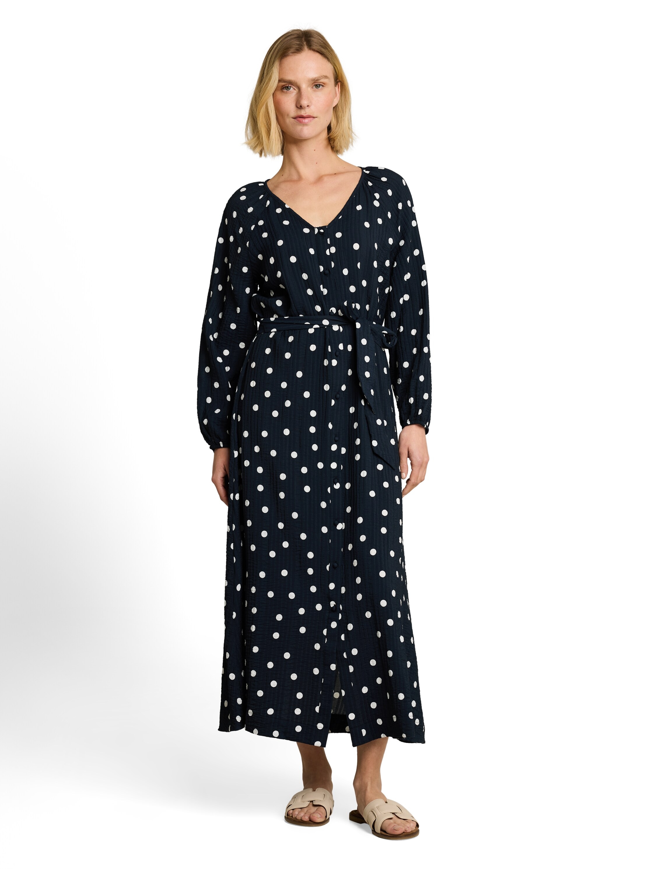 TOM TAILOR Midikleid Ohne Taschen Langarm Sommerkleid mit Punkten