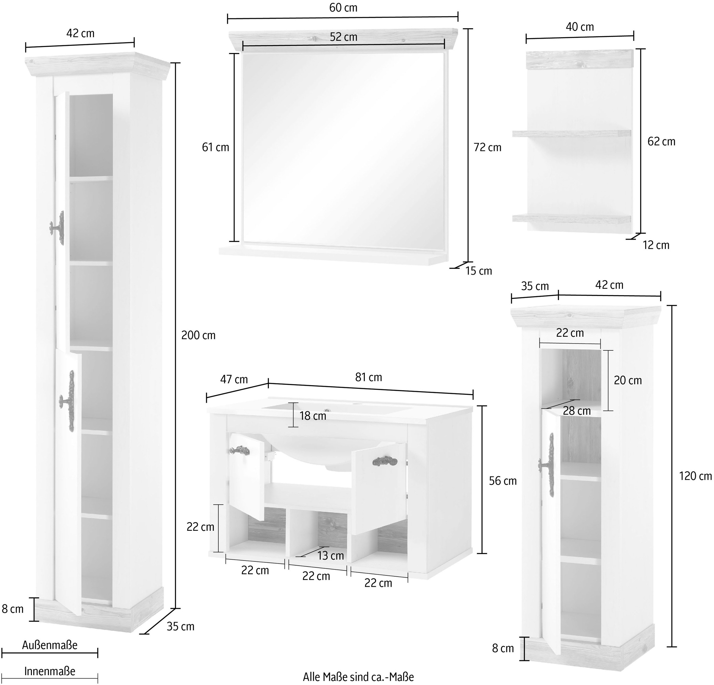 Home affaire Badmöbel-Set »Florenz, Bad im Landhausstil, 5-teiliges Badezimmer«, (5 St.), Hänge-Waschtisch, Schränke, Wandboard und Spiegel, in Pinie Weiss