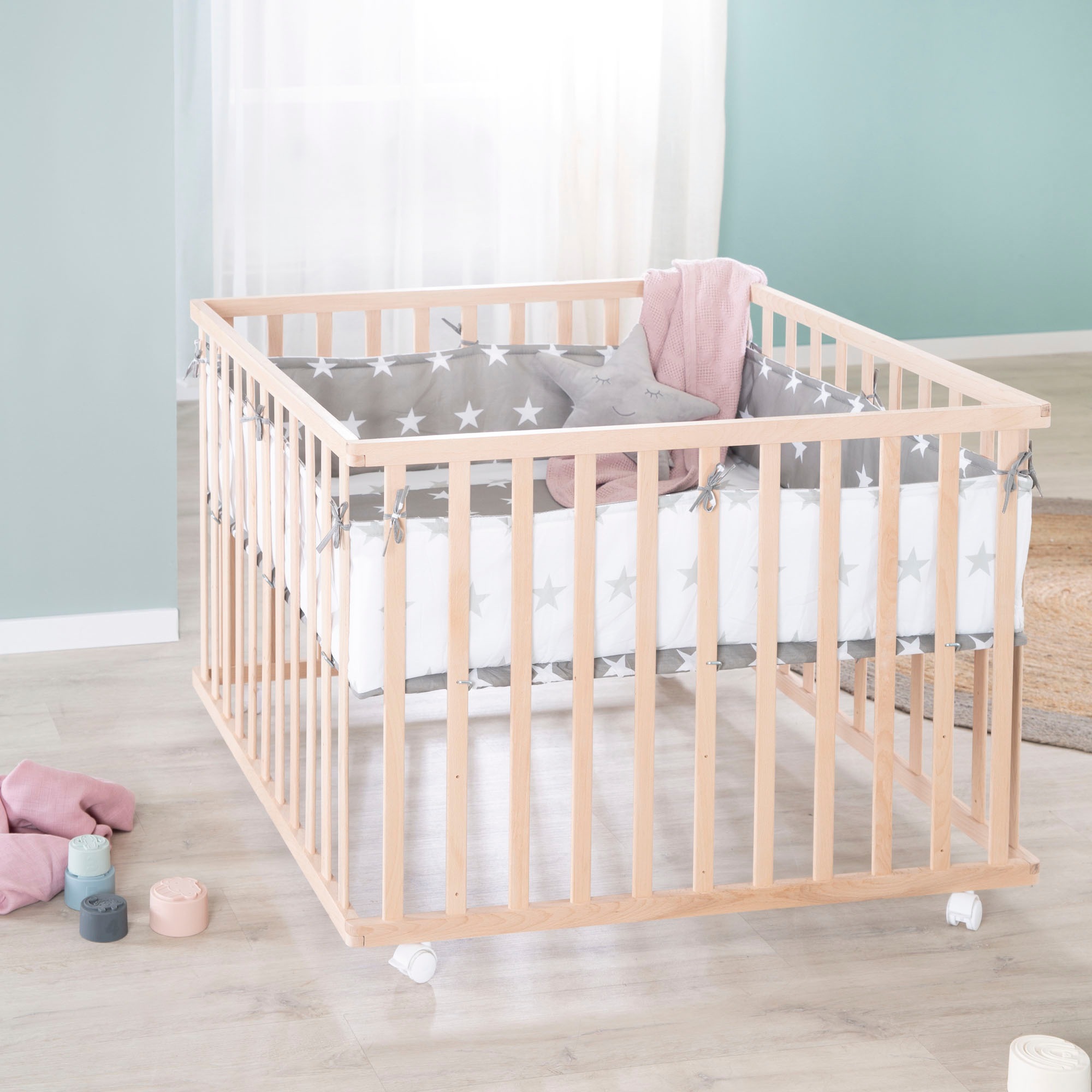 roba® Laufgitter »Little Stars, 100x100 cm, natur«, bis 15 kg, mit Stoffeinlage und Nestchen; höhenverstellbar