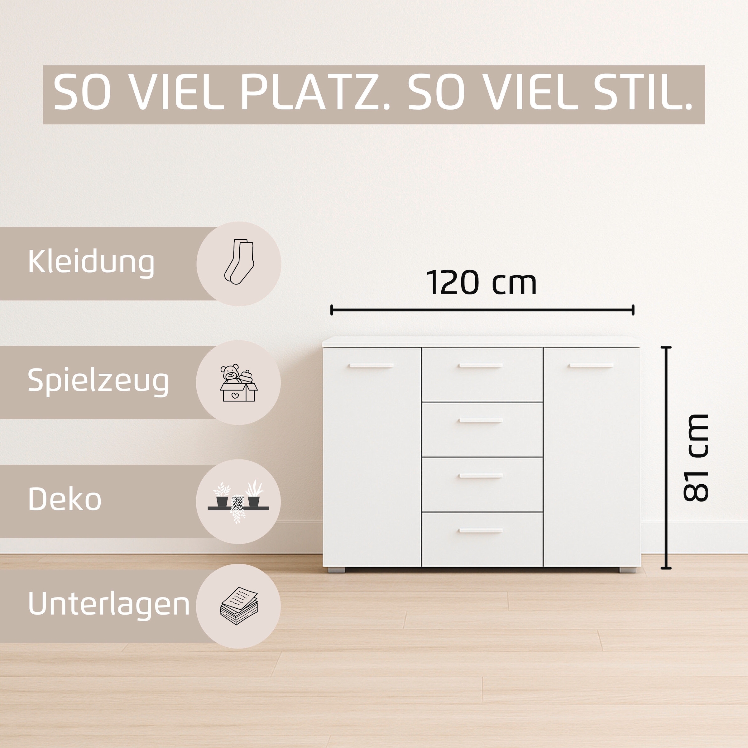 GOODproduct Commode combinée »Kommode Sideboard Schubladenkommode Schlafzimmerkommode OTELI« Largeur 120 cm avec fonction SOFT-CLOSE, façade décorative moderne,  quatre grands tiroirs et 2 portes, avec 4 étagères MADE IN GERMANY