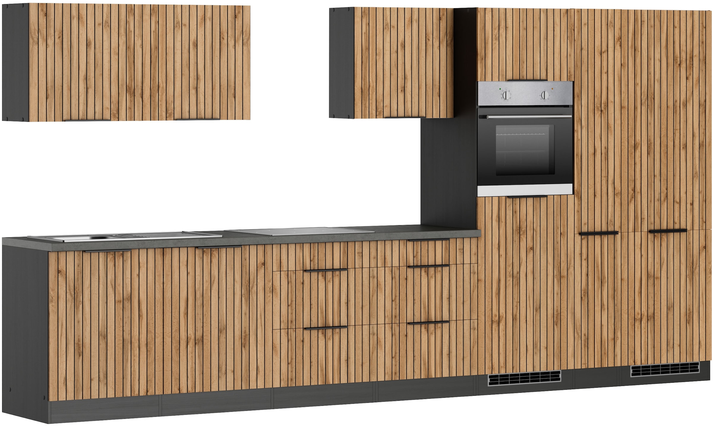 KOCHSTATION Kitchenette »KS-Lagos, Breite 390 cm, wahlweise mit E-Geräten« plaque de cuisson gaz ou induction, évier inox ou noir