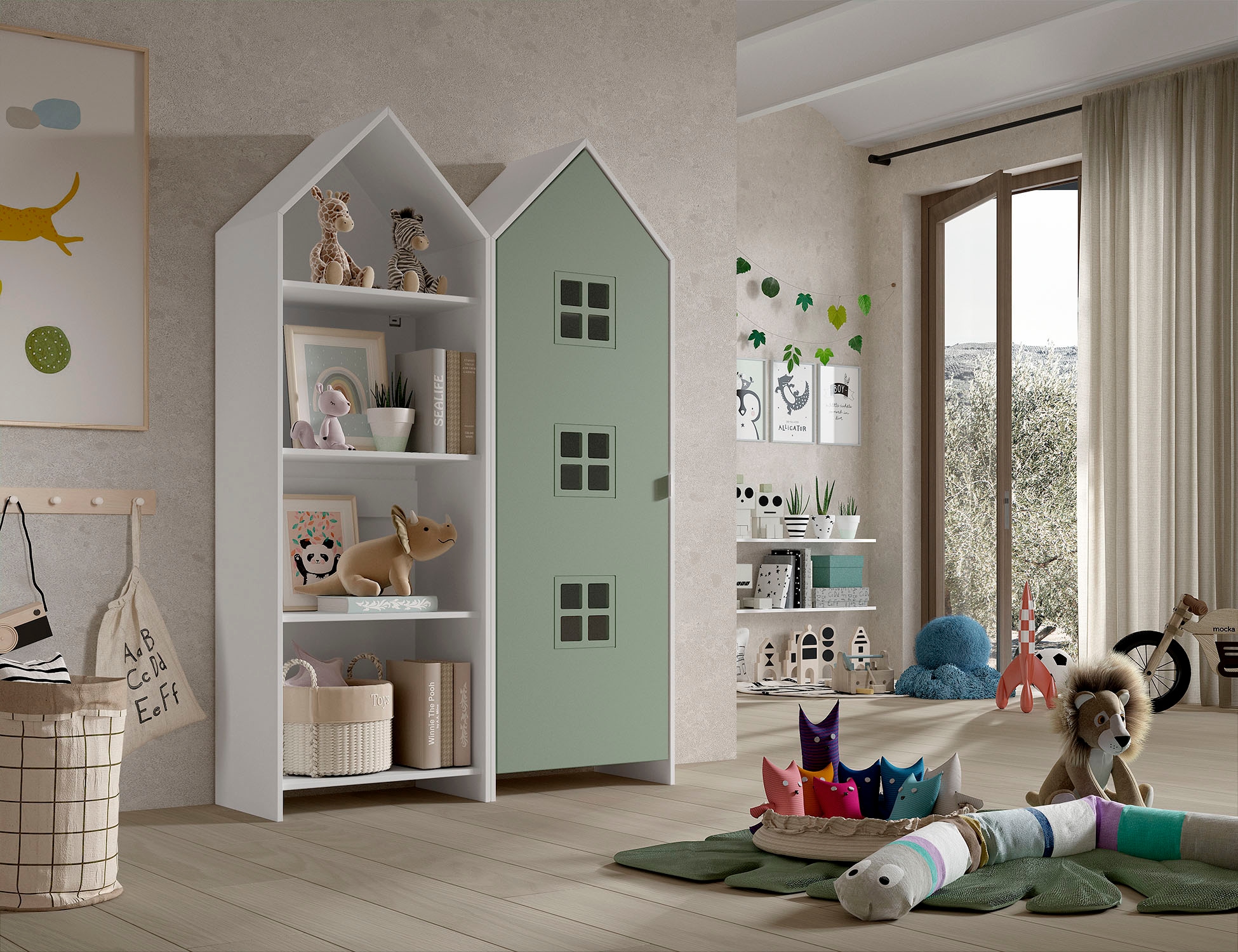 Vipack Kleiderschrank »Set Casami Bruges in trendigem Design, 1 Regal u. 1 Kleiderschrank« Schranktür in verschiedenen Farben und Fensteranordnungen, 2 Stk. tlg. variable Typenanordnung, Kleiderschrank mit Böden und Kleiderstange