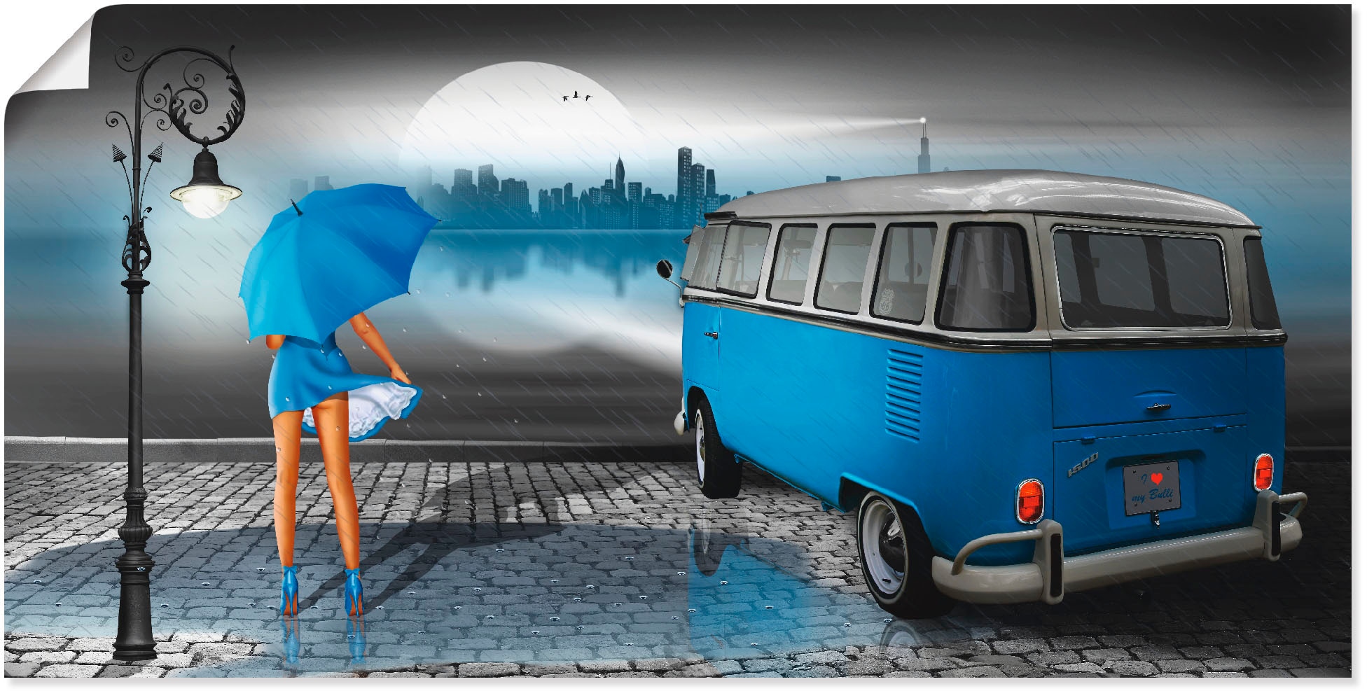 Wandbild »Regennacht in Blau mit Bulli T1«, Auto, (1 St.), als Leinwandbild, Poster,...
