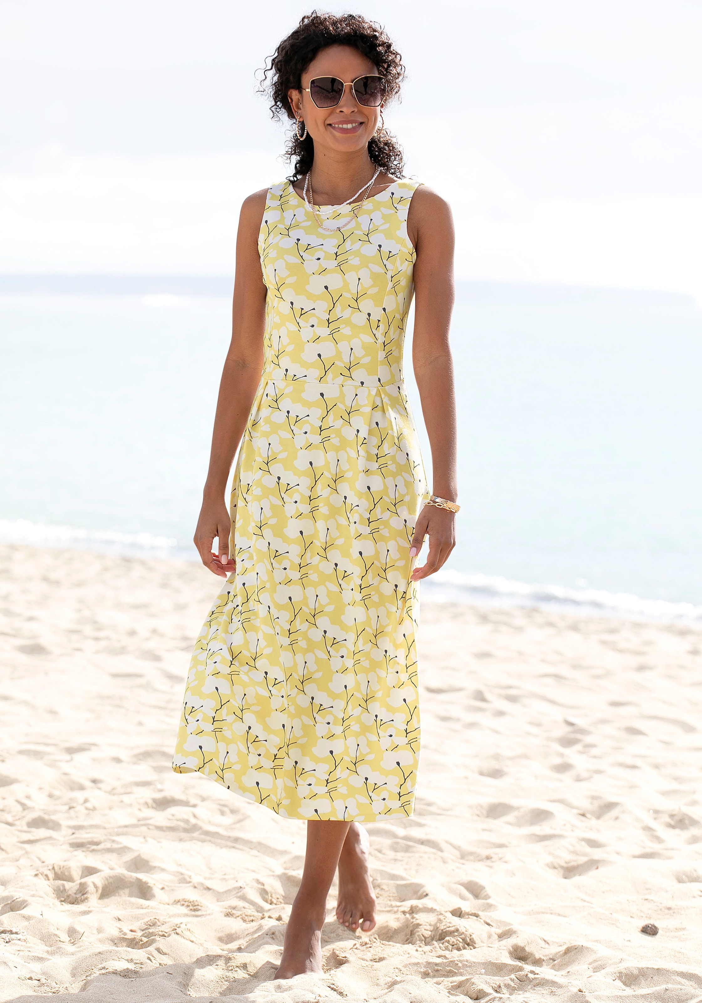 Image of Beachtime Midikleid "mit ausgestelltem Rockteil mit Blumendruck, Jerseykleid" Ohne Taschen Elegantes Sommerkleid, Druckkleid, A-Linien-Kleid, casual-chic