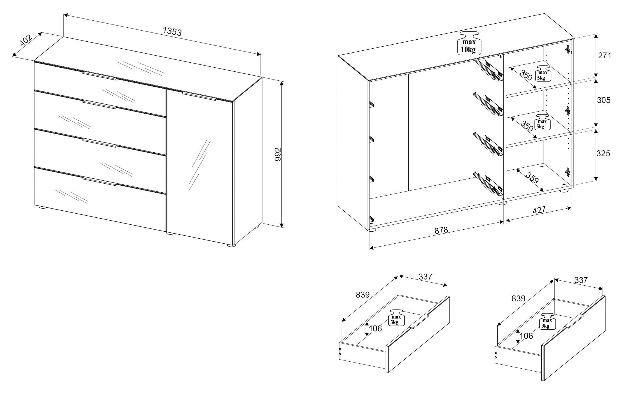 HBZ Commode »Santorin, BxHxT 135x99x40 cm« 1 cuis tlg. Largeur 135 cm, softclose pour portes et tiroirs, revêtement mélaminé