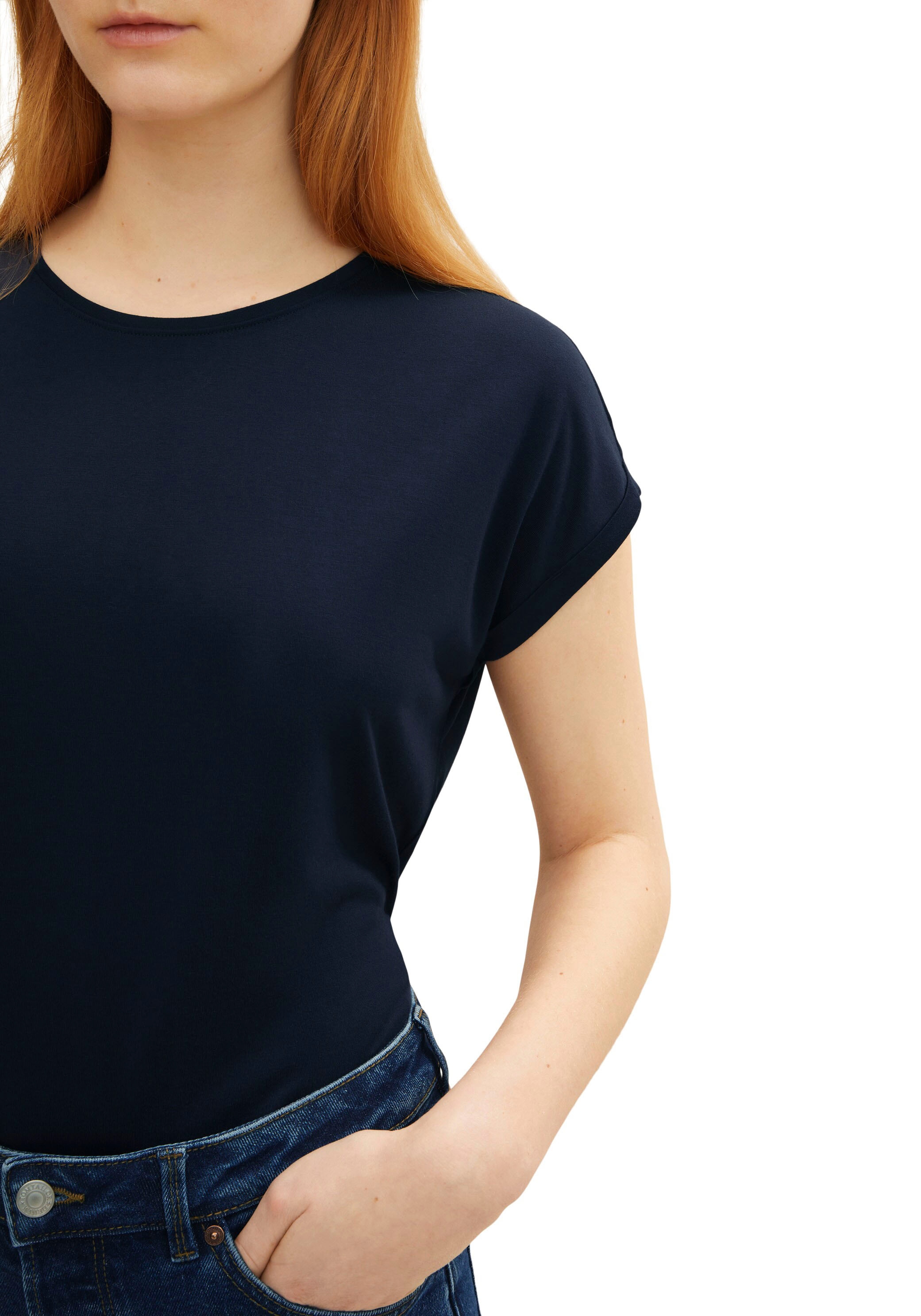 TOM TAILOR Denim Rundhalsshirt, mit Ärmelaufschlag