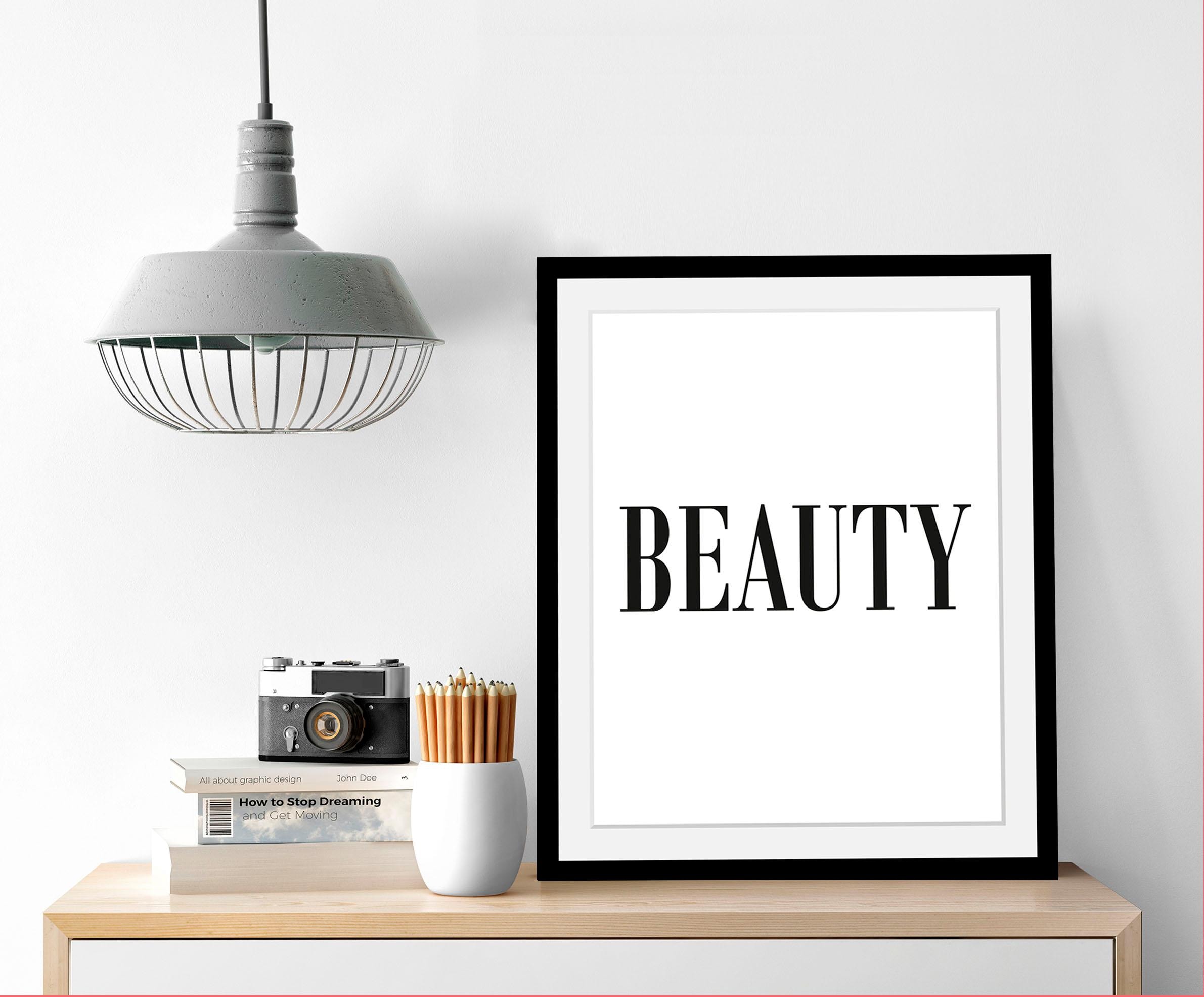 queence Bild »Beauty«, Schwarz-Weiss-Schriftzug-Motivationsbilder-Humor, HD Premium Poster-Druck inkl. Holzrahmen
