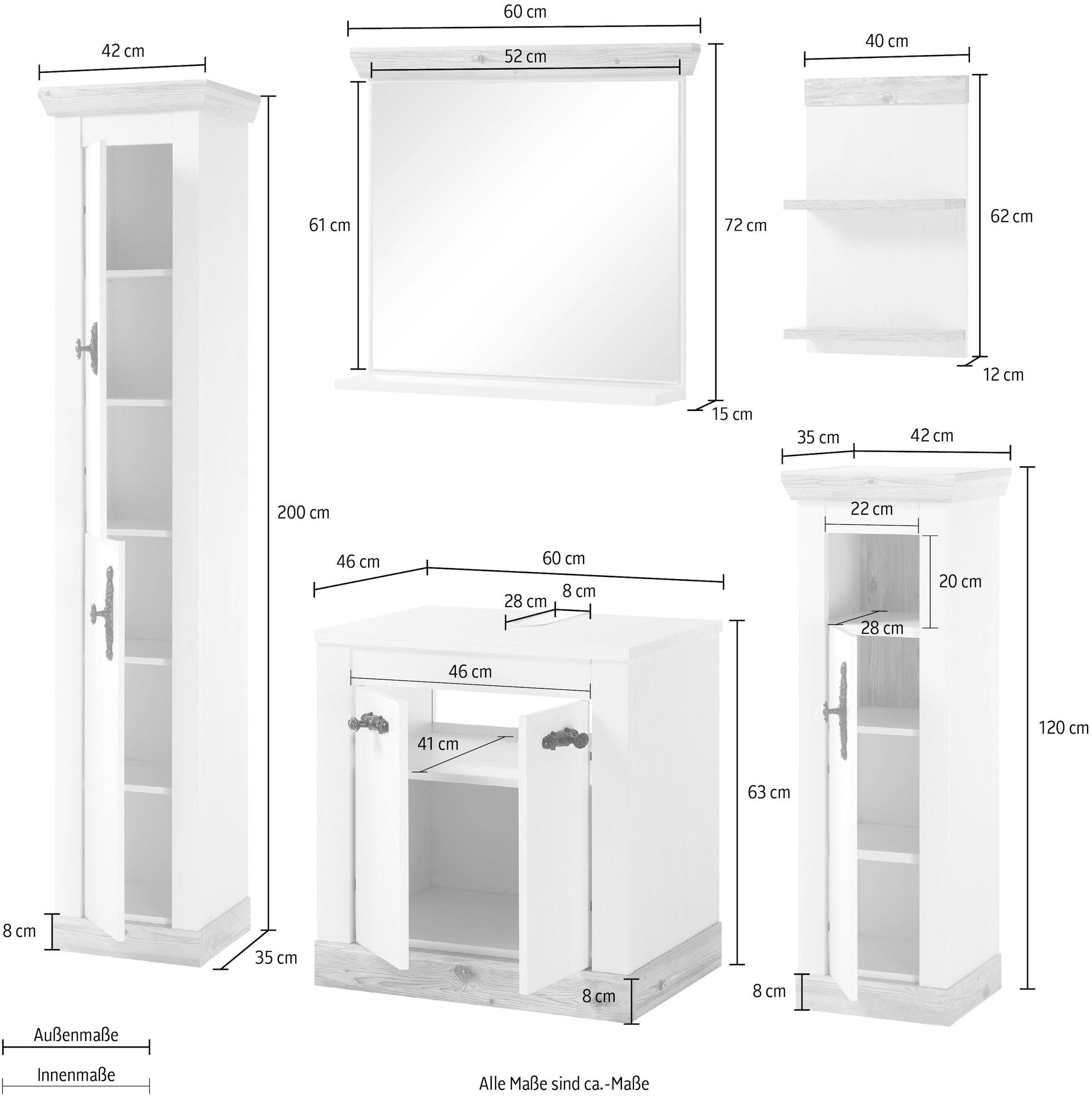 Home affaire Badmöbel-Set »Florenz, Bad im Landhausstil, 5-teiliges Badezimmer«, (5 St.), Unterschrank, Schränke, Wandregal und Spiegel, in Pinie Weiss, Stauraum