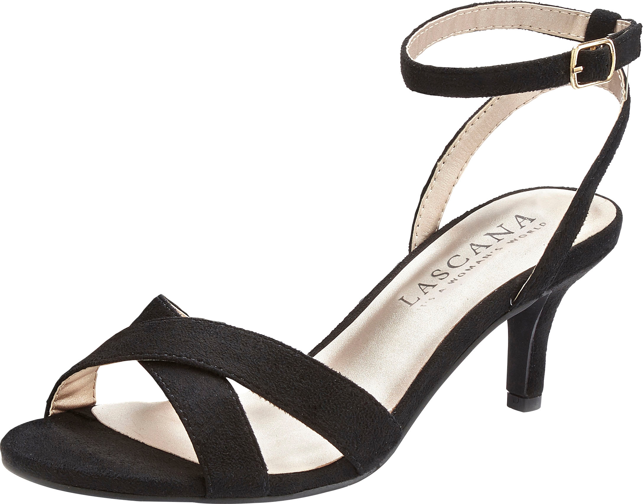 LASCANA Sandalette »High-Heel-Sandalette, Riemchensandalette«, Sandalette, Sommerschuh mit bequemen Absatz und Riemchen VEGAN