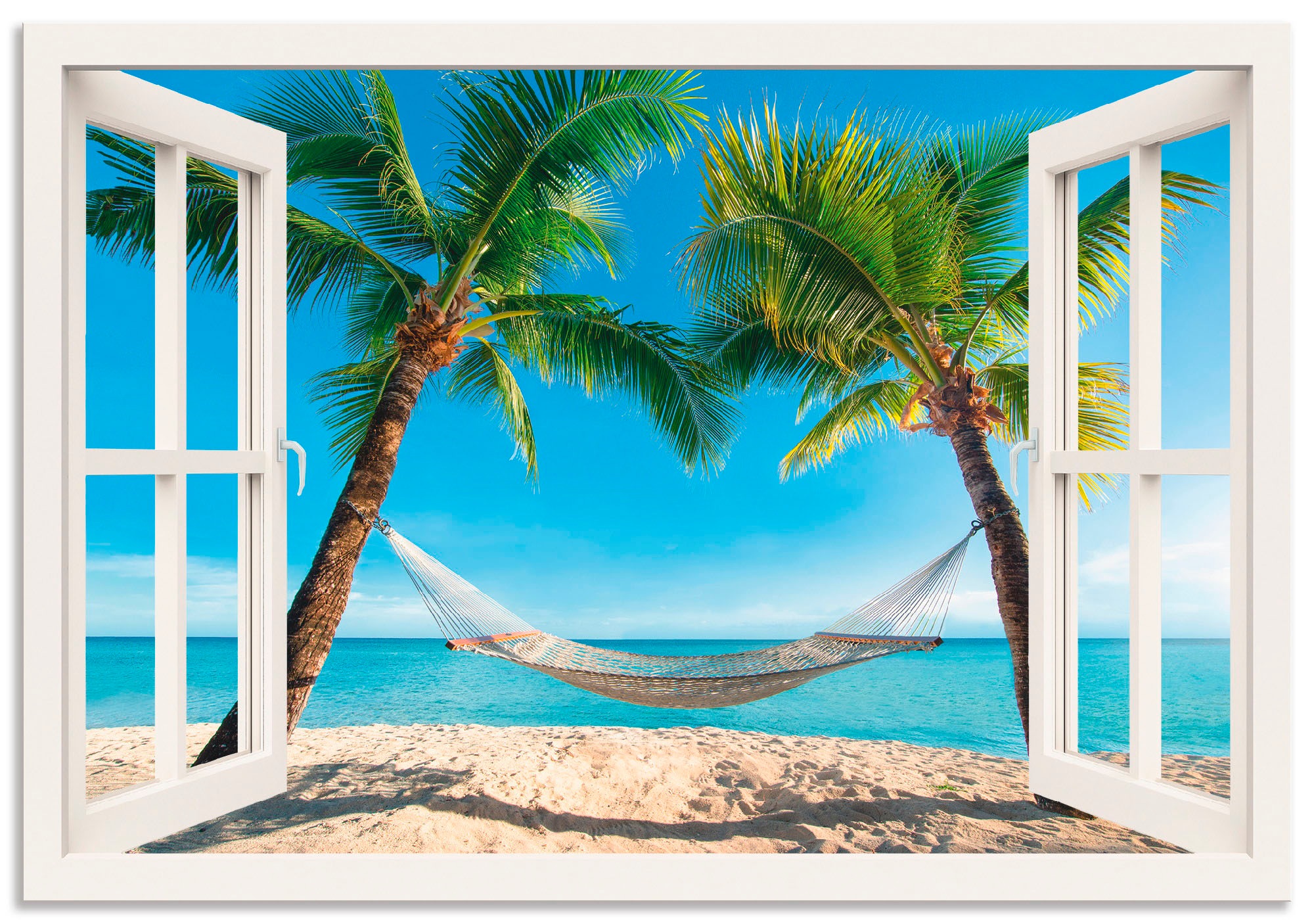 Image of Artland Wandbild "Fensterblick Palmenstrand Karibik" Amerika 1 Stk. tlg. als Alubild, Poster in verschied. Grössen