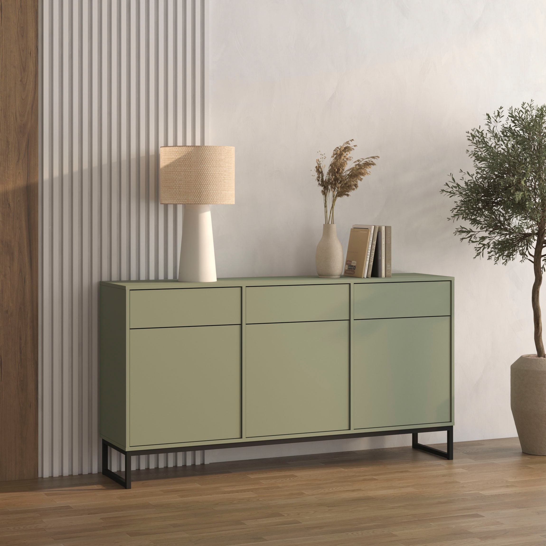 GOODproduct Sideboard »Loft, Breite 157 cm, grifflose Kommode 3 Türen/3 Schubkästen.« Schubladenschrank mit viel Stauraum, Einlegeböden verstellbar