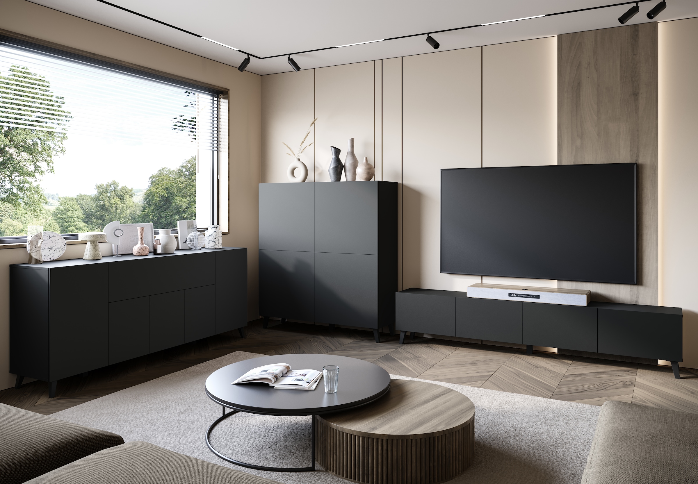 Home affaire Buffet »SIDEBOARD PHUKET II, Stilvolle, grifflose kommode, Breite 180cm« avec 5 portes, 1 abattant, 7 compartiments et étagères réglables en hauteur