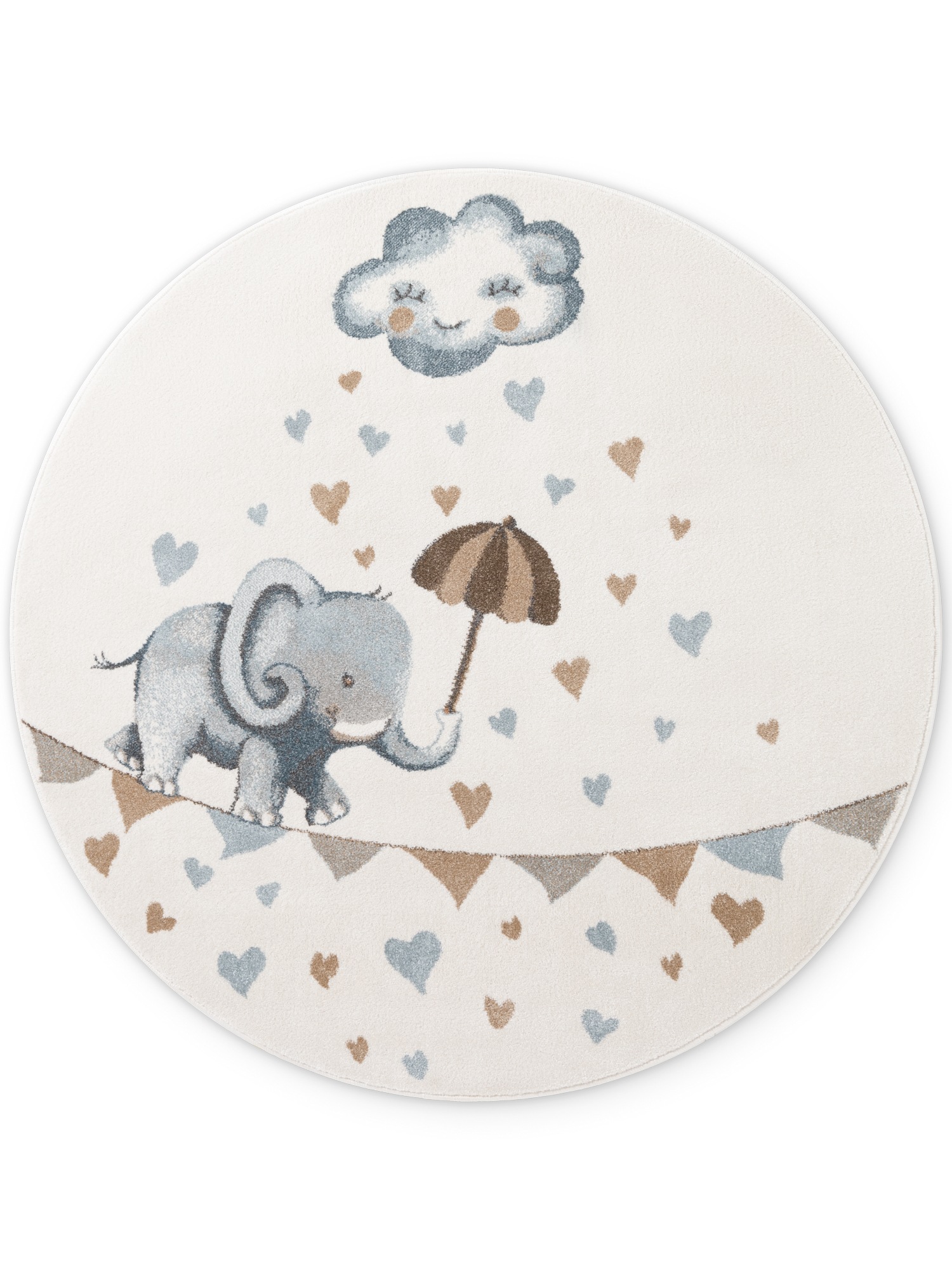 THE RUGS Villeroy & Boch Elephant Rainy Boho Kids Rug & Runner Soft Play in Cream | Size: 160cm diameter
