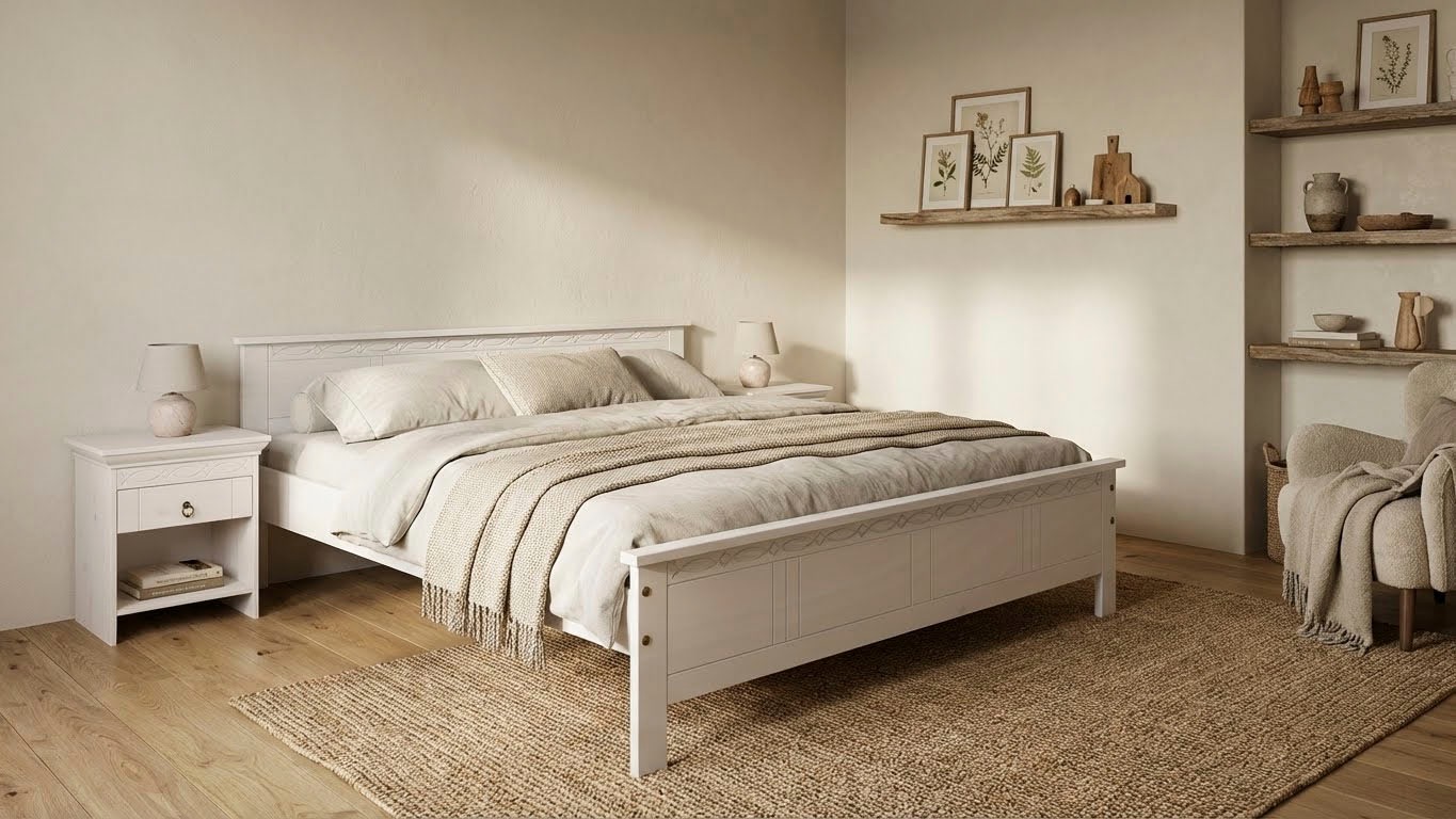 Image of GOODproduct Massivholzbett "Indra, Landhausstil, edles Design,zertifiziertes Massivholz" Breite/Belastbarkeit 180cm/220 KG, 140cm/180 KG, 90cm/120 KG, mit Kopfteil, mit dekorativen Fräsungen, aus Kiefer