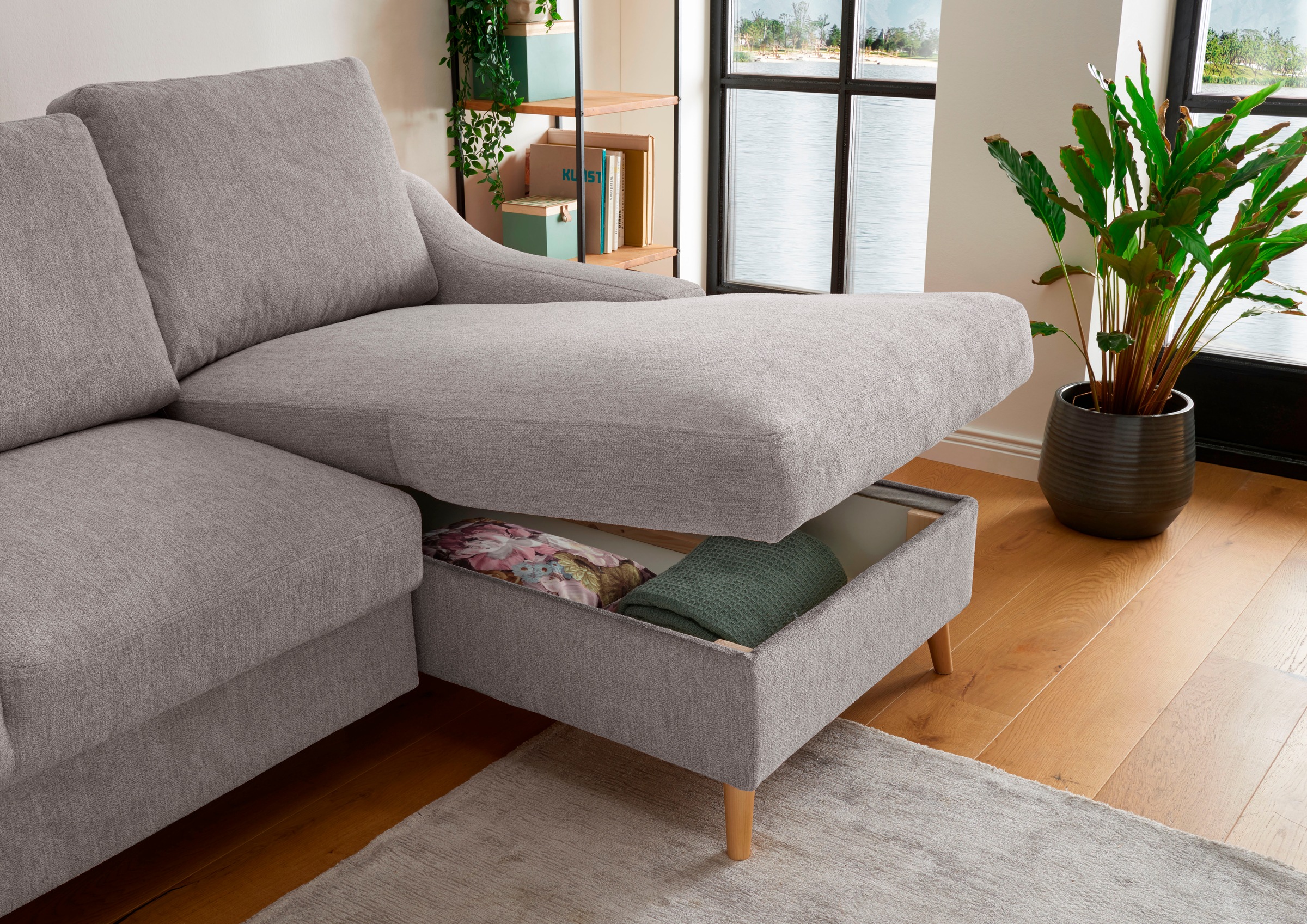 Home affaire Canapé d'angle »Valentina L-Form« 2 Zierkissen, mit Seitentasche, ausziehbarer Liegefläche, Bettkasten