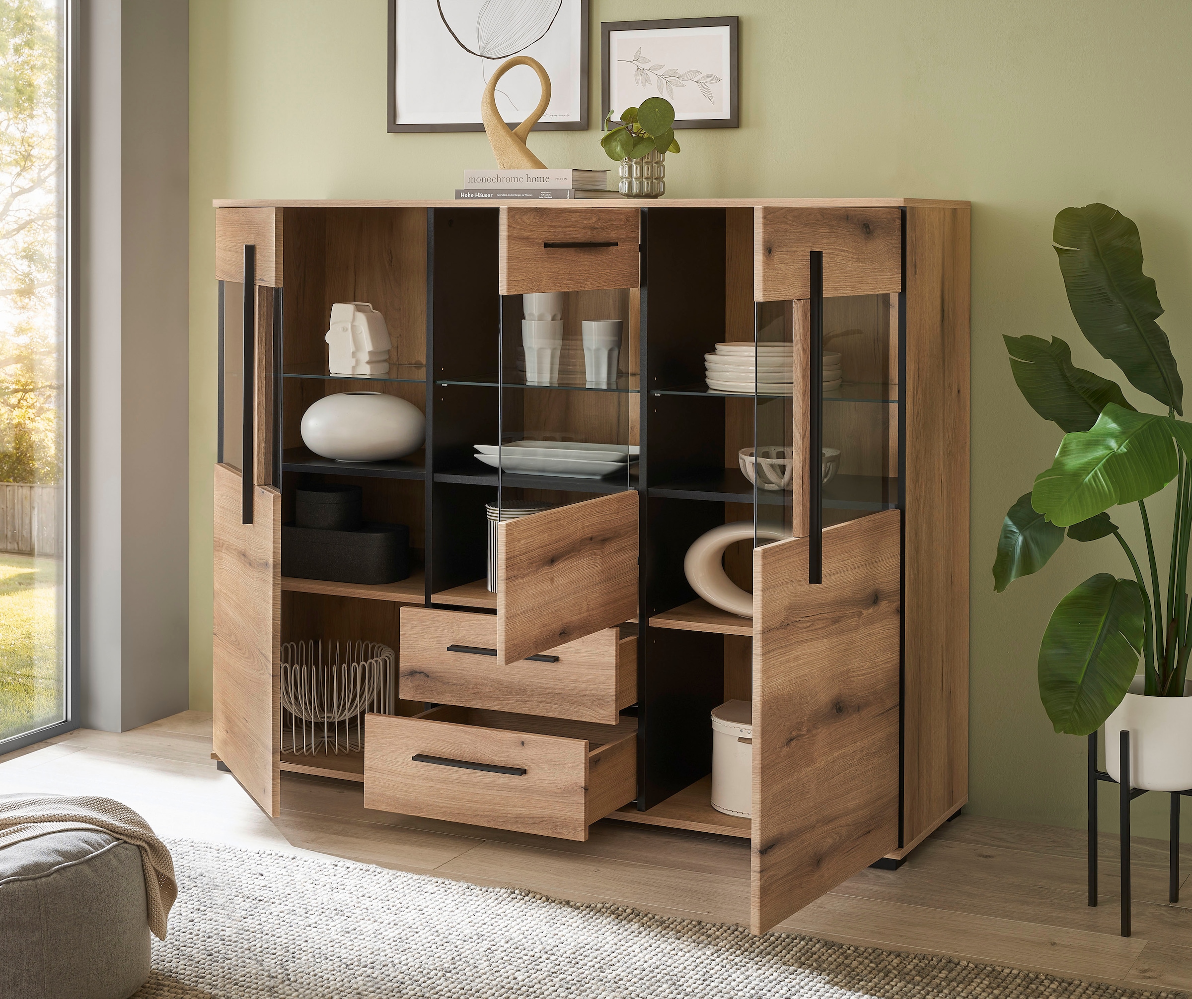 INOSIGN Highboard »Cantara, moderner Schrank, Vitrine in Eiche Dekor oder weiss«, schwarze Stangengriffe, ausreichend Stauraum, vielseitig einsetzbar