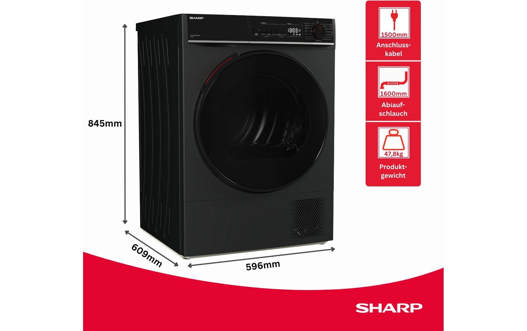 Sharp Waschtrockner »KD-WNHB0S9GAC« 64 dB(A) 10kg / +WIFI / EEK C / 2 Tasten / XXL-Tür voll-schwarz / Espresso grey