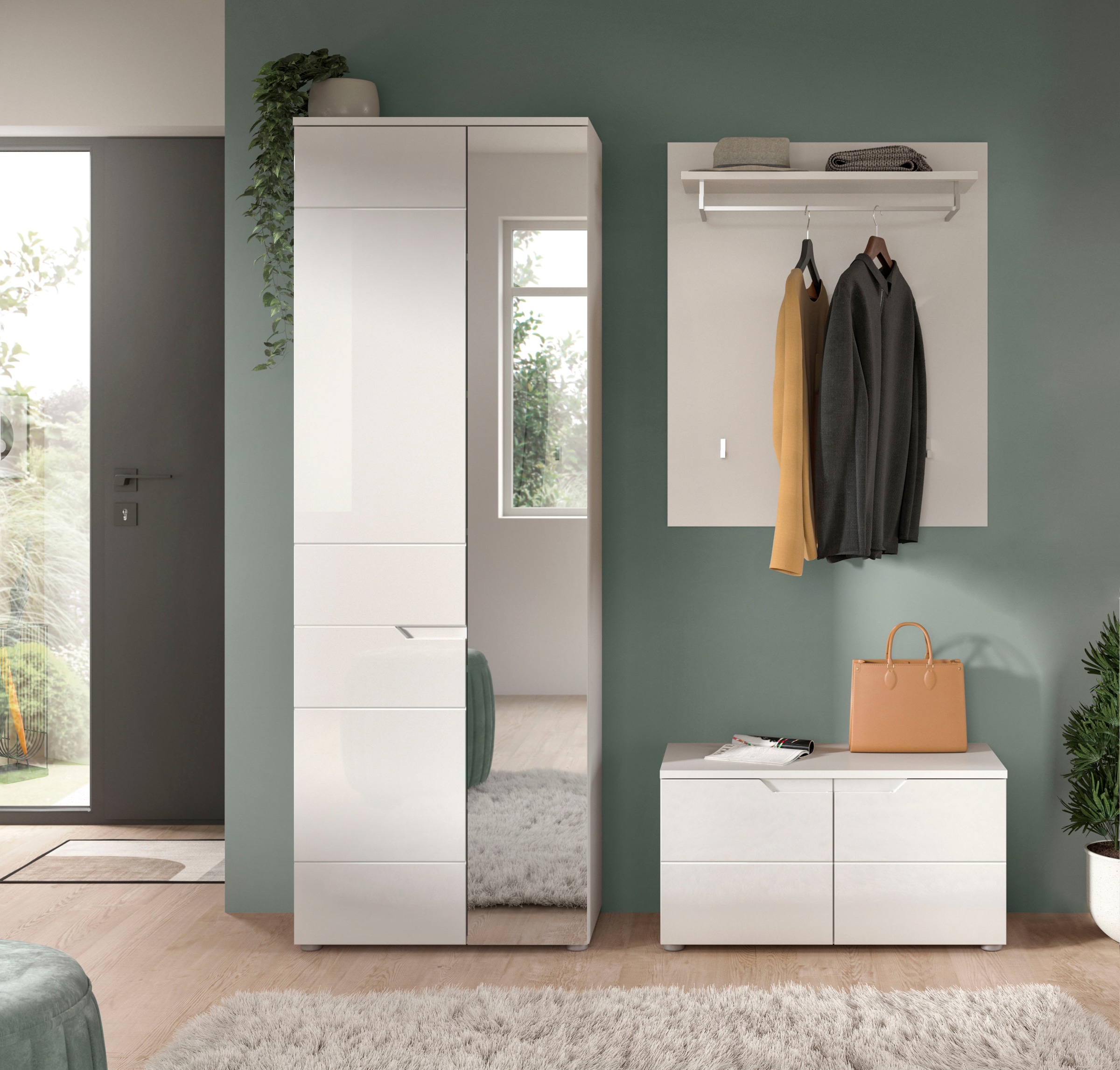INOSIGN Garderoben-Set »CAPRI, 3-teilig, mit eingefasster Griffmulde, bestehend aus:«, (3 St.), Garderobenschrank, Sitzbank und Garderobenpaneel