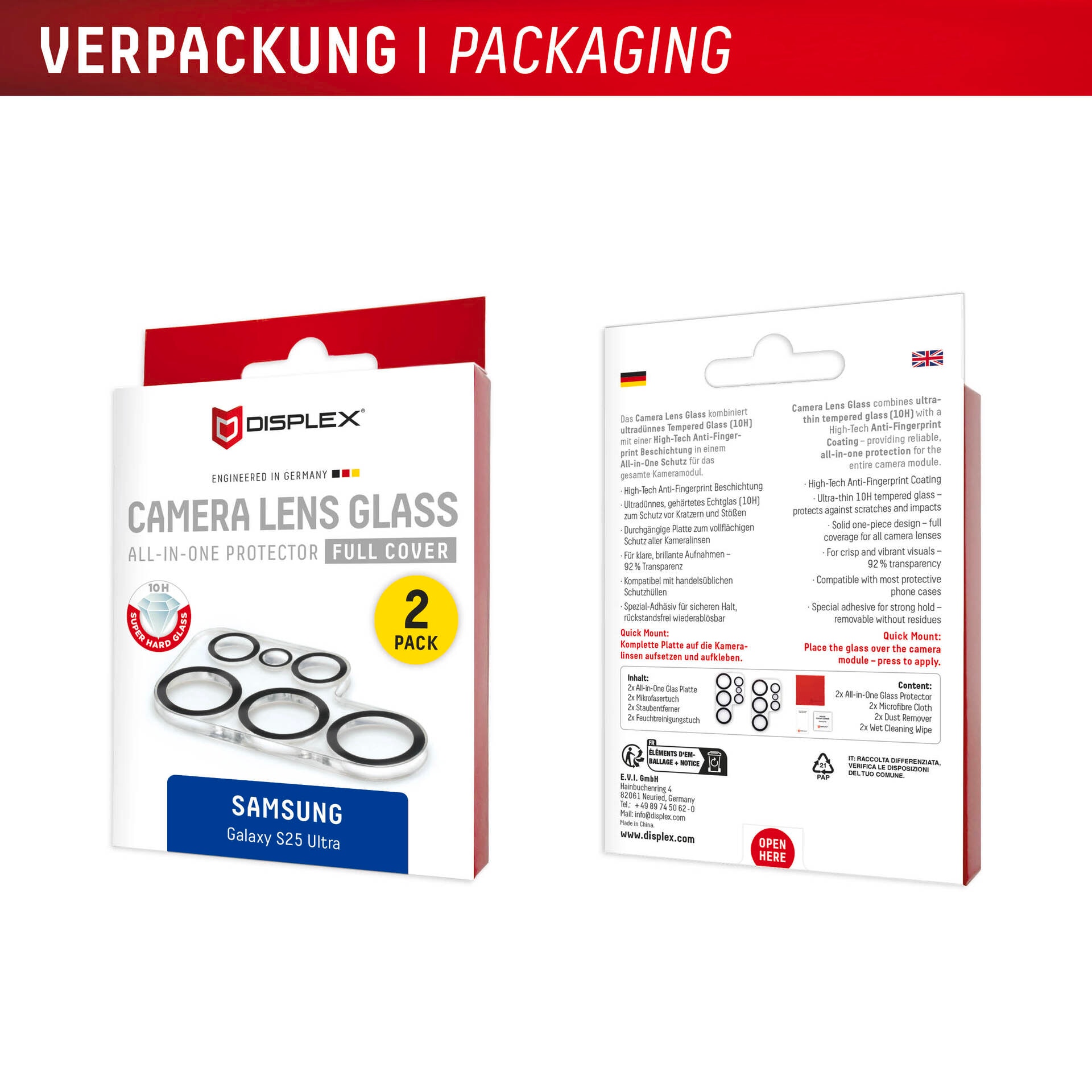 Displex Kameraschutzglas »Camera Lens Glass All-In-One Protector Full Cover« für Samsung Galaxy S25 Ultra Packung, 2x All-In-One Glas,  Objektivschutz, Kameraschutz, kratz- & stossfest