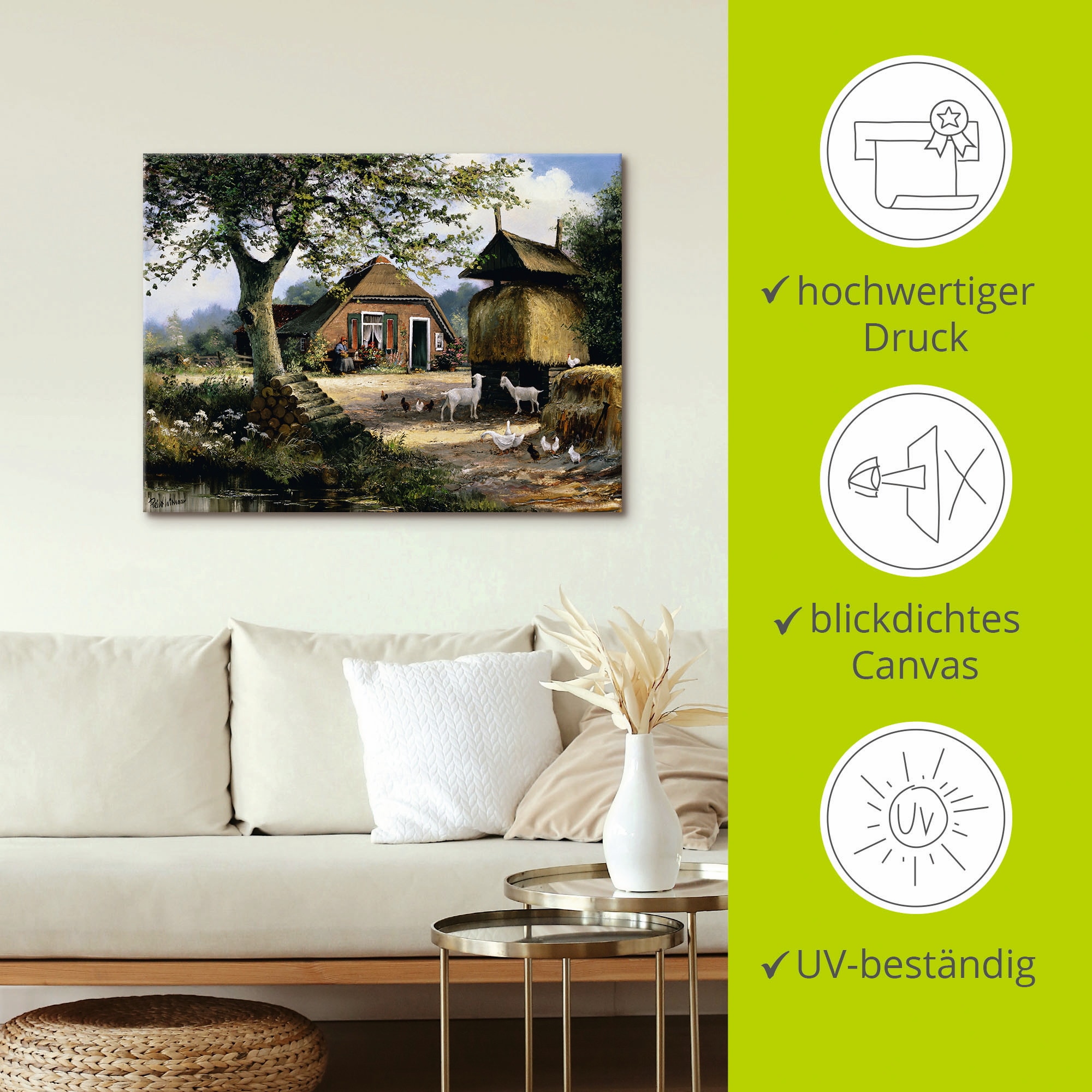 Artland Wandbild »Idyllische Farm mit Hühnern und Ziegen«, Garten, (1 St.), als Leinwandbild, Poster in verschied. Grössen
