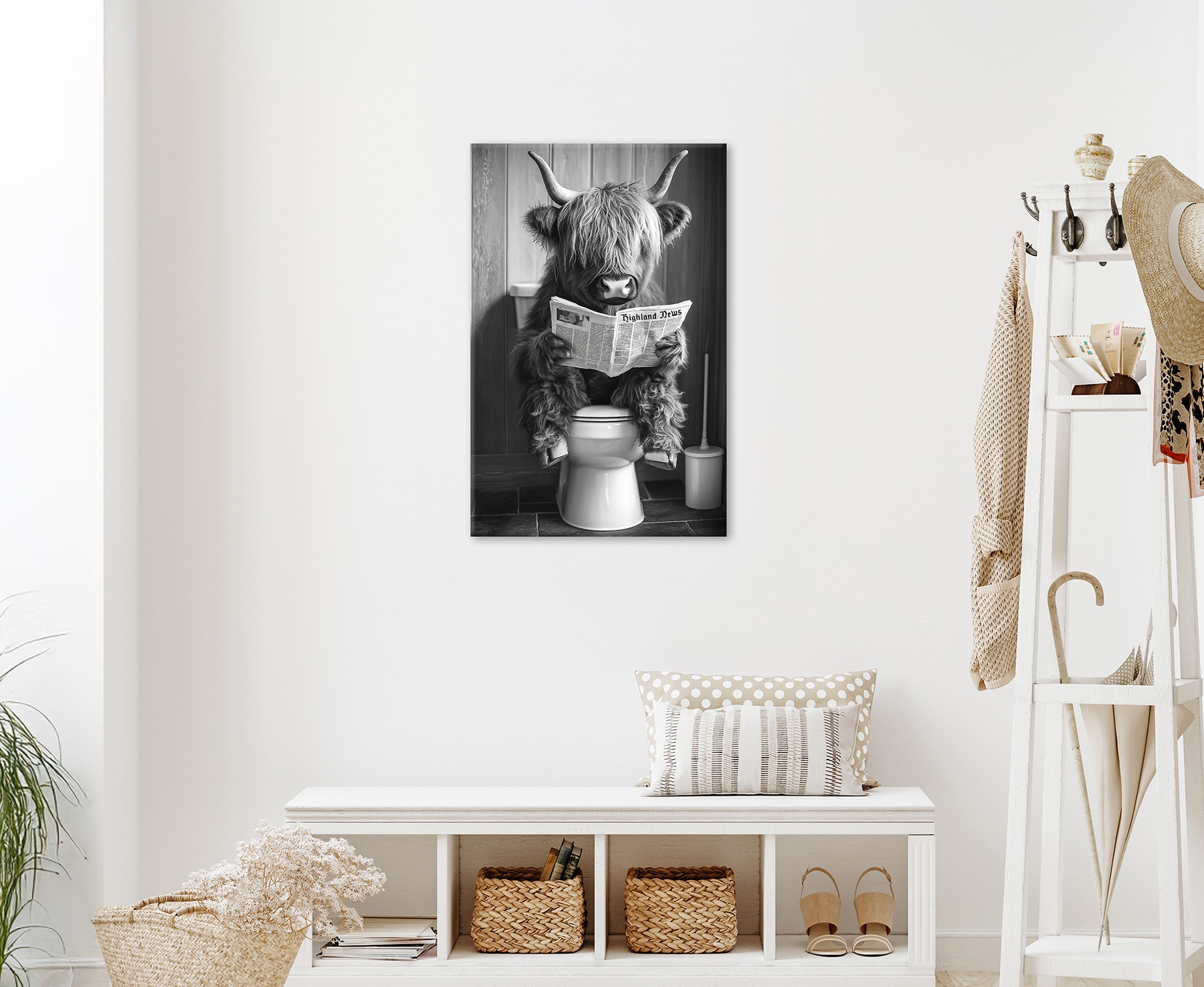 Bönninghoff Leinwandbild »Wandbild HIGHLAND NEWS S/W 60x90 cm – Leinwandbild Keilrahmen Deko« Hochlandrind | Humor | Kuh | Kuhbilder | Kühe | Schwarz-Weiss | Tiere 1 Stk. tlg. auf Keilrahmen gespannt