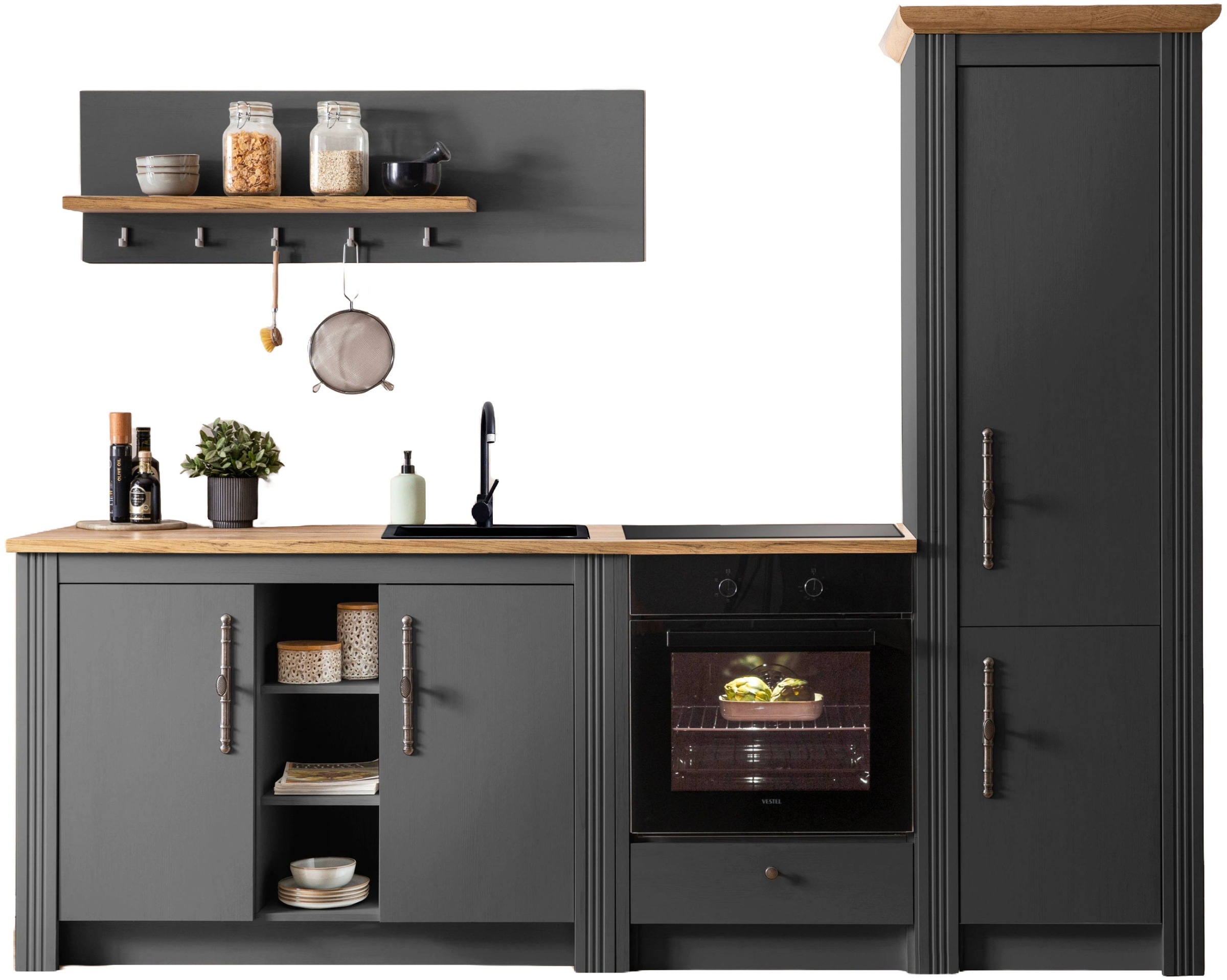 Image of GOODproduct Küchenzeile "KS-Westminster, Pantryküche im Landhaus Stil, hochwertige Metallgriffe" Set, Breite 257 cm, Kommode, Wandpaneel, Stauraumschrank, Herdumbau