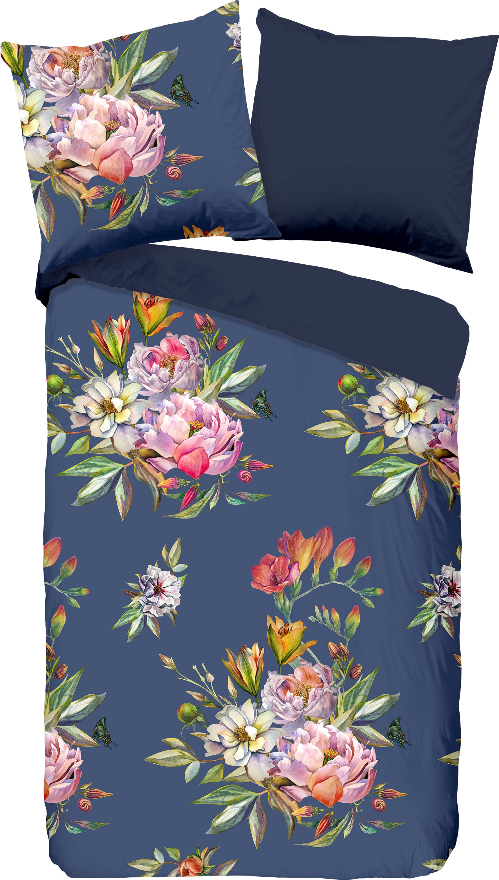 ZouZou Wendebettwäsche »Chacha«, Baumwolle, Mako Satin, 135x200, Reissverschluss, Wende, Blumen, Blau