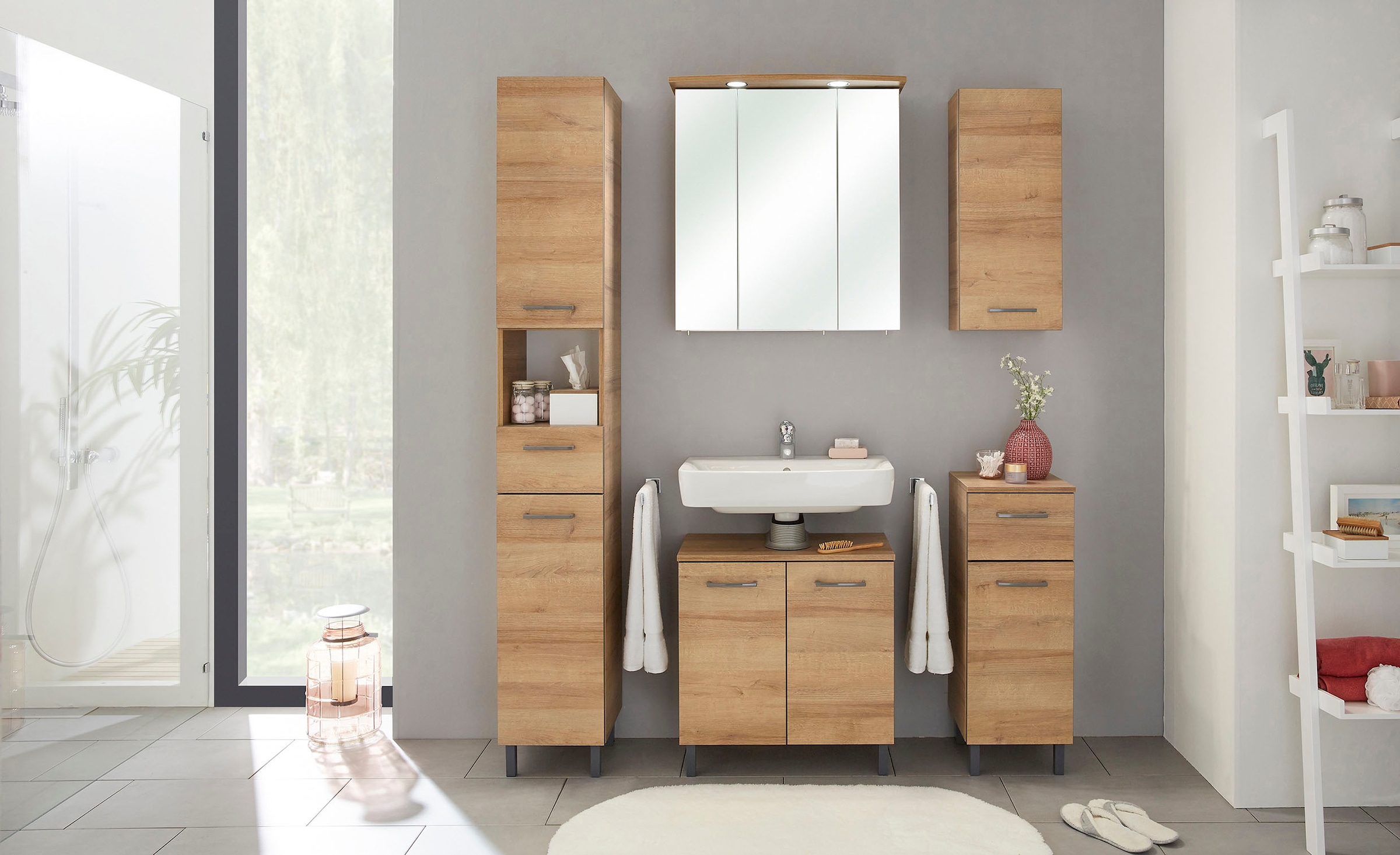 Saphir Hängeschrank »Quickset 919 Badschrank 30 cm breit mit 1 Tür und 2 Glas-Einlegeböden« Badezimmer-Hängeschrank inkl. Türdämpfer, Griffe in Grau