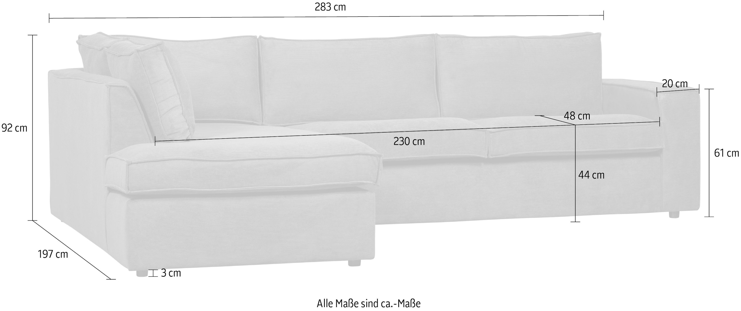 WOOOD Ecksofa »Thomas Rechts Bezug mit Steppnaht, H 92 x B 283 x D 197 cm« Tragkraft 400 kg, Losse Sitz- und Rückenkissen, Pfleiglicht