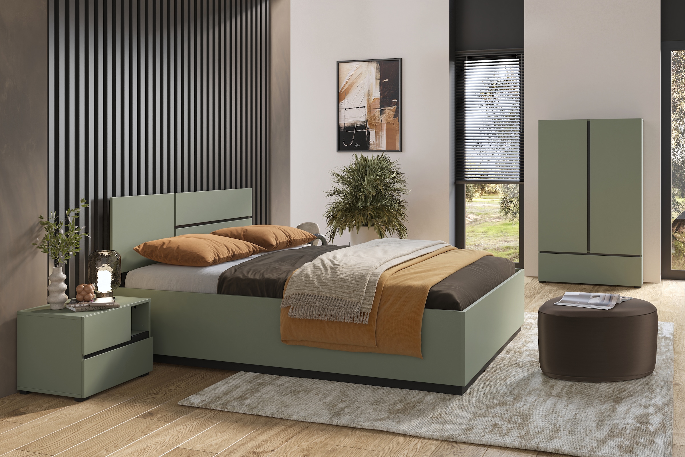 Home affaire Schlafzimmer-Set »Cross, moderne, grifflose Optik, FSC-zertifiziert«, (4 tlg., Bett 180x200cm, 2 Nachtkommoden, Schrank 2-oder 4-türig), Komplettschlafzimmer-Set