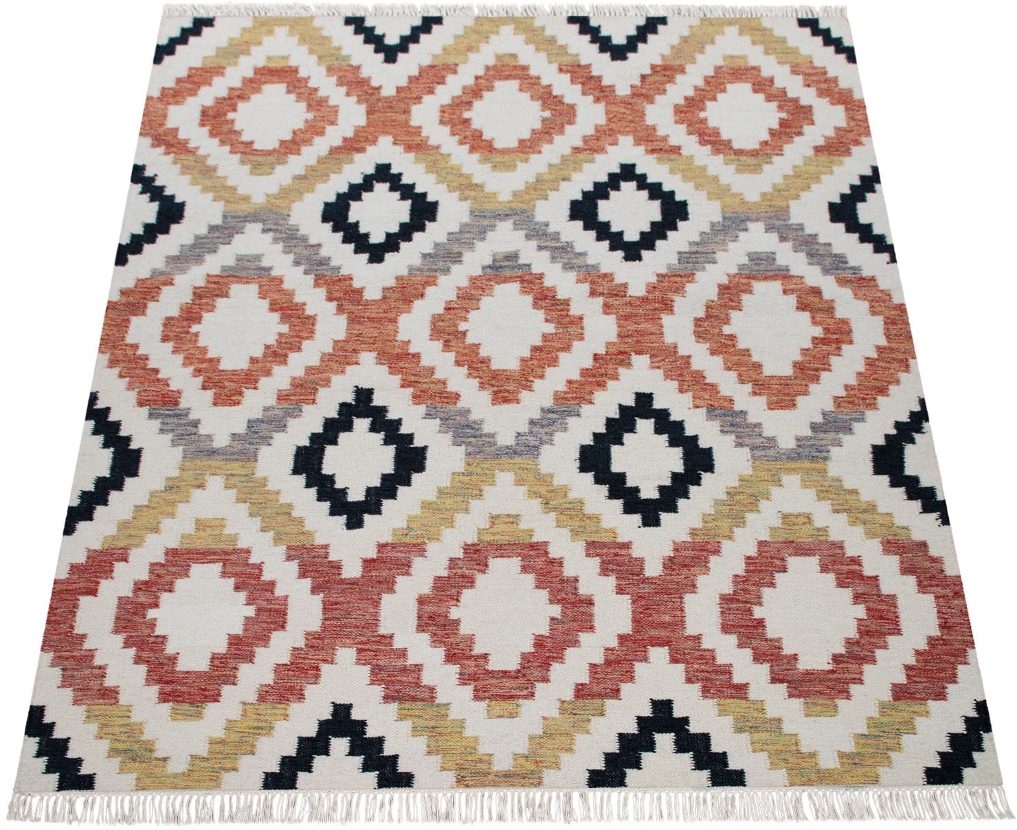 Image of Paco Home Wollteppich »Kenitra 501«, rechteckig, 8 mm Höhe, Handweb Teppich, Flachgewebe, reine Wolle, handgewebt, Rauten Design, mit Fransen, ideal im Wohnzimmer & Schlafzimmer bei Ackermann Versand Schweiz