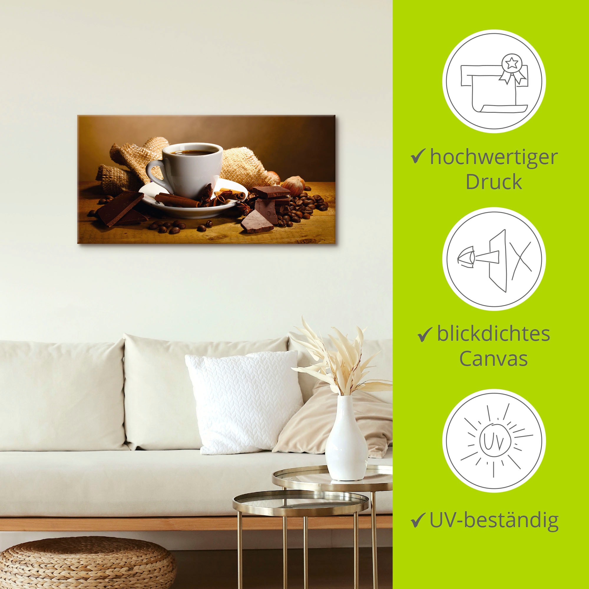 Artland Wandbild »Kaffeetasse Zimtstange Nüsse Schokolade« Getränke 1 Stk. tlg. als Leinwandbild, Poster, Wandaufkleber in verschied. Grössen