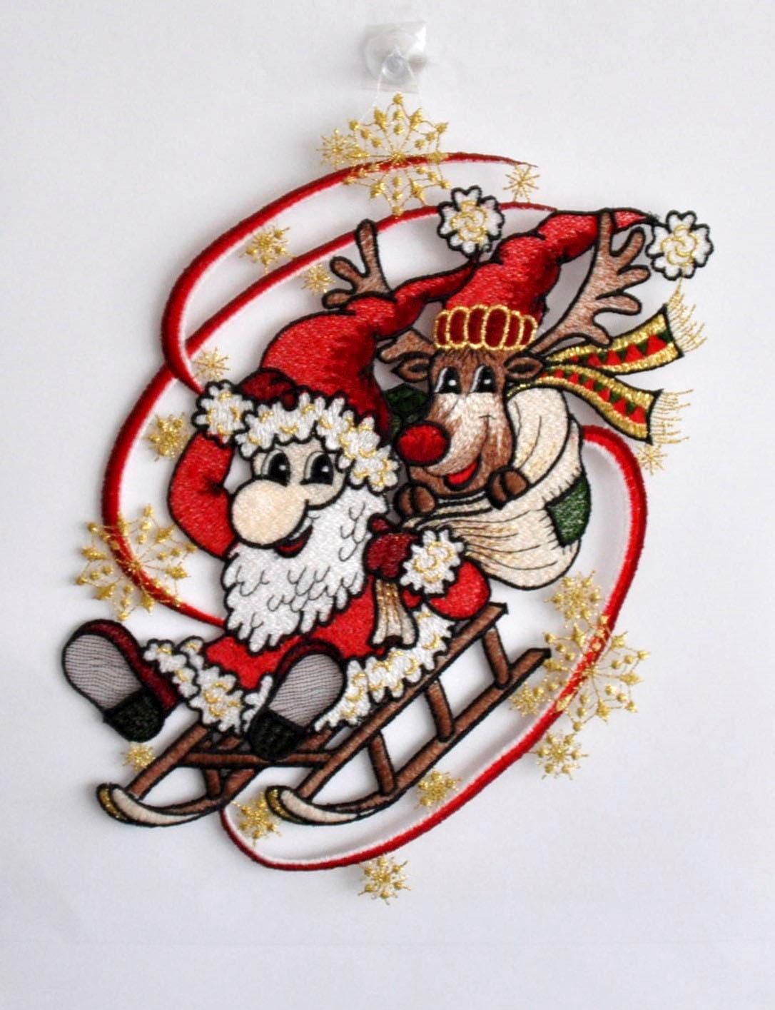Image of Stickereien Plauen Fensterbild "Weihnachtsmann mit Schlitten"