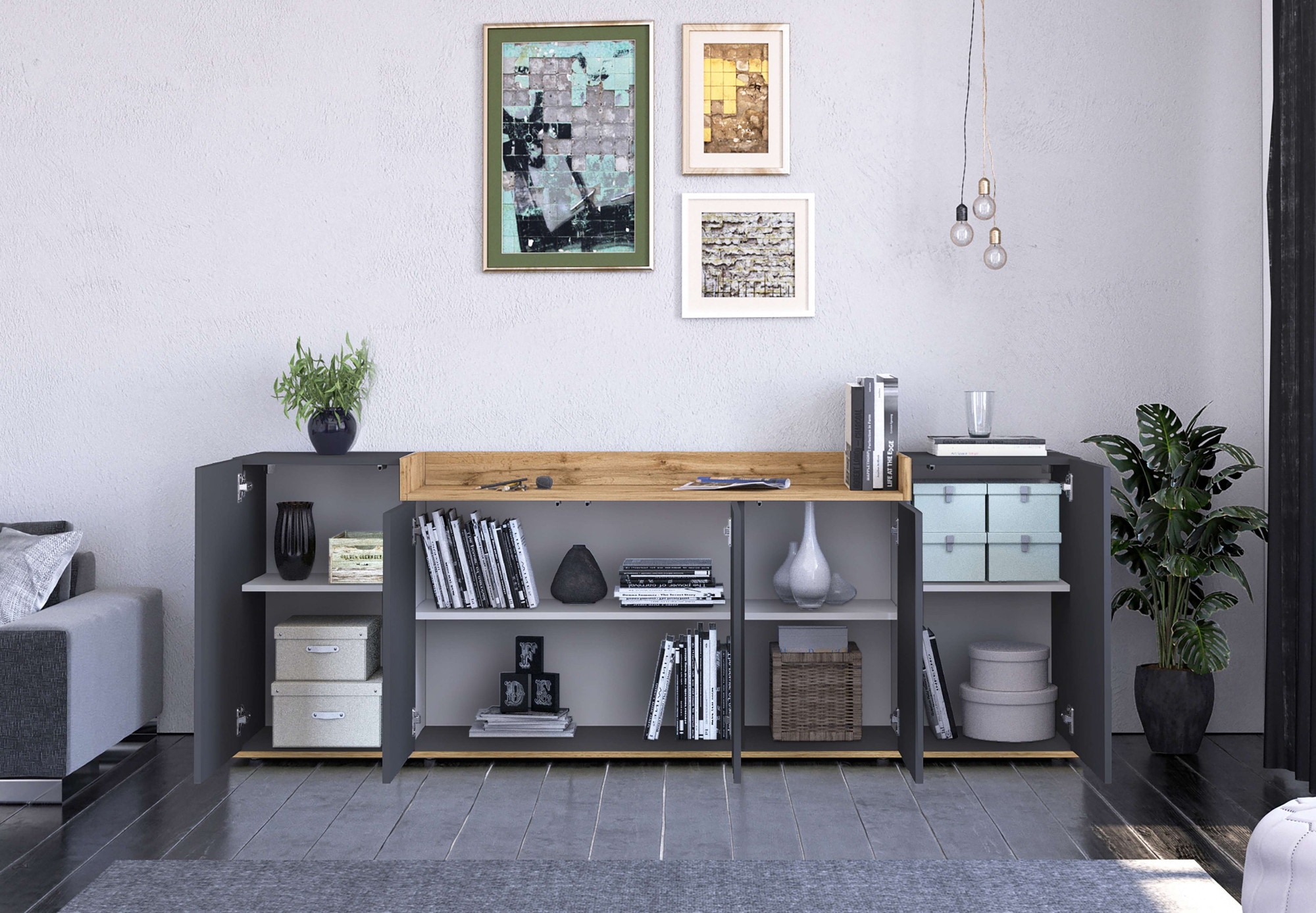 GOODproduct Buffet »BOLSENA, Kommode, Schrank,Lowboard mit 8 Fächer und offenes Ablagefach« 1 cuis tlg. stehend/hängend montierbar, Made in Italy, B/T/H: 200 × 35 × 71,2 cm