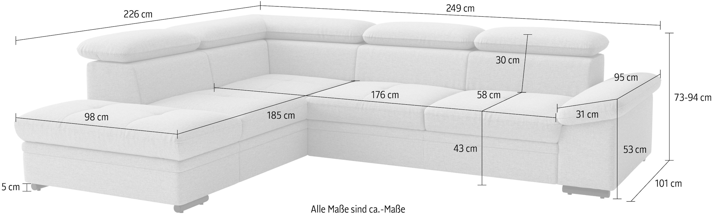 sit&more Ecksofa »Viola L-Form, B: 249 cm, Arm- & Kopfteilverstellung« optional Schlaffunktion, Sofa mit Komfortsitz